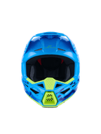 Alpinestars S-M3 Force OCD Helmet, capacete de motocross, ciano brilhante com pormenores amarelo néon, vista frontal, com gráficos camuflados em azul e roxo, aberturas de ventilação agressivas e design de calota aerodinâmico e elegante
