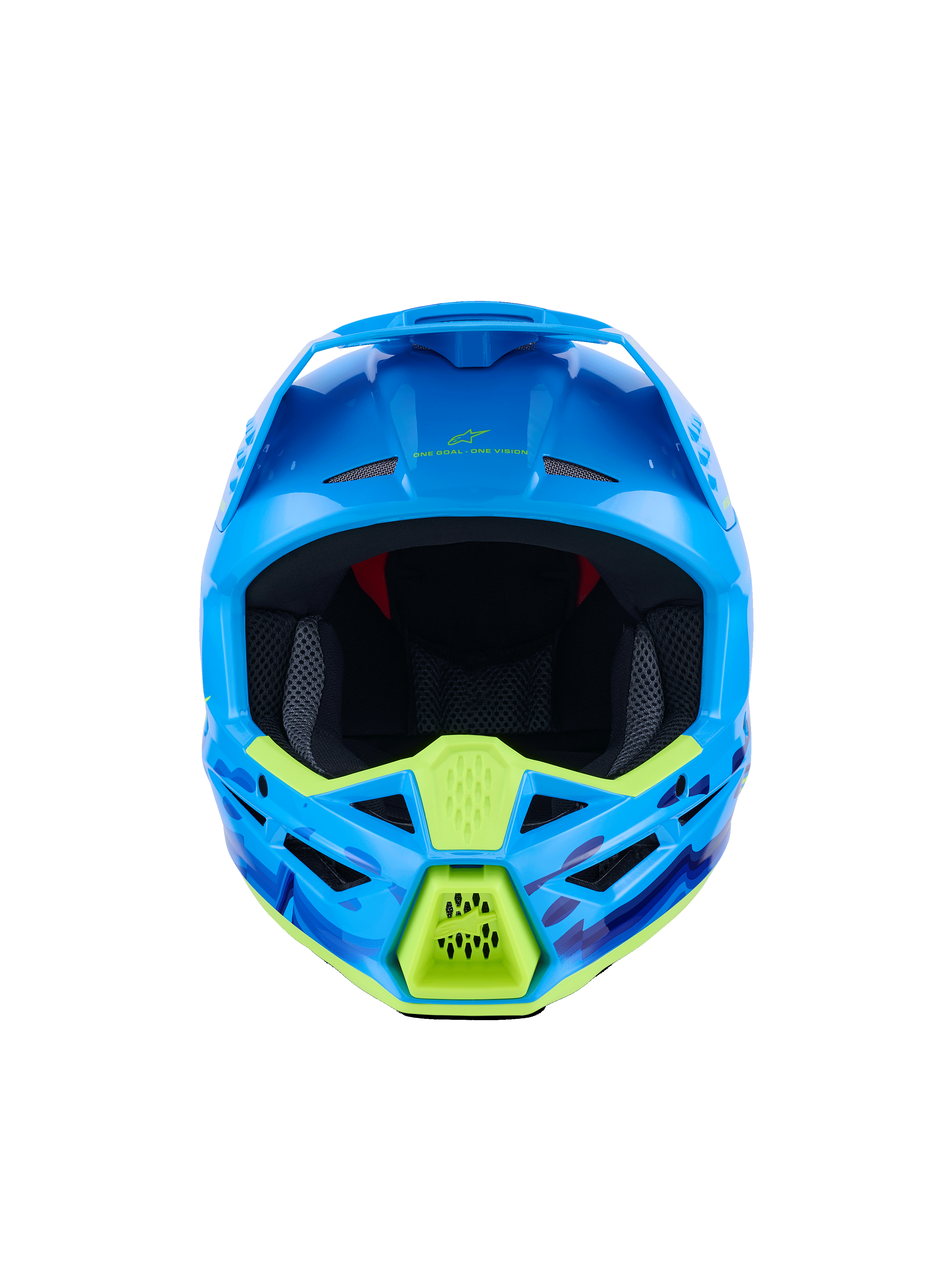 Alpinestars S-M3 Force OCD Helmet, capacete de motocross, ciano brilhante com pormenores amarelo néon, vista frontal, com gráficos camuflados em azul e roxo, aberturas de ventilação agressivas e design de calota aerodinâmico e elegante
