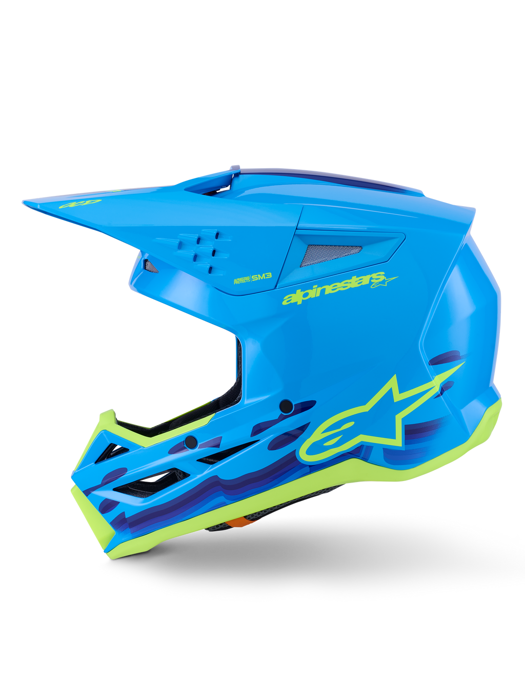 Alpinestars S-M3 Force OCD Helmet, capacete de motocross, ciano brilhante com detalhes gráficos, apresentando uma calota aerodinâmica, viseira protetora e ventilação de alto fluxo para corridas fora de estrada