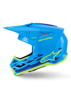 Alpinestars S-M3 Force OCD Helmet, capacete de motocross, ciano brilhante com detalhes gráficos, apresentando uma calota aerodinâmica, viseira protetora e ventilação de alto fluxo para corridas fora de estrada