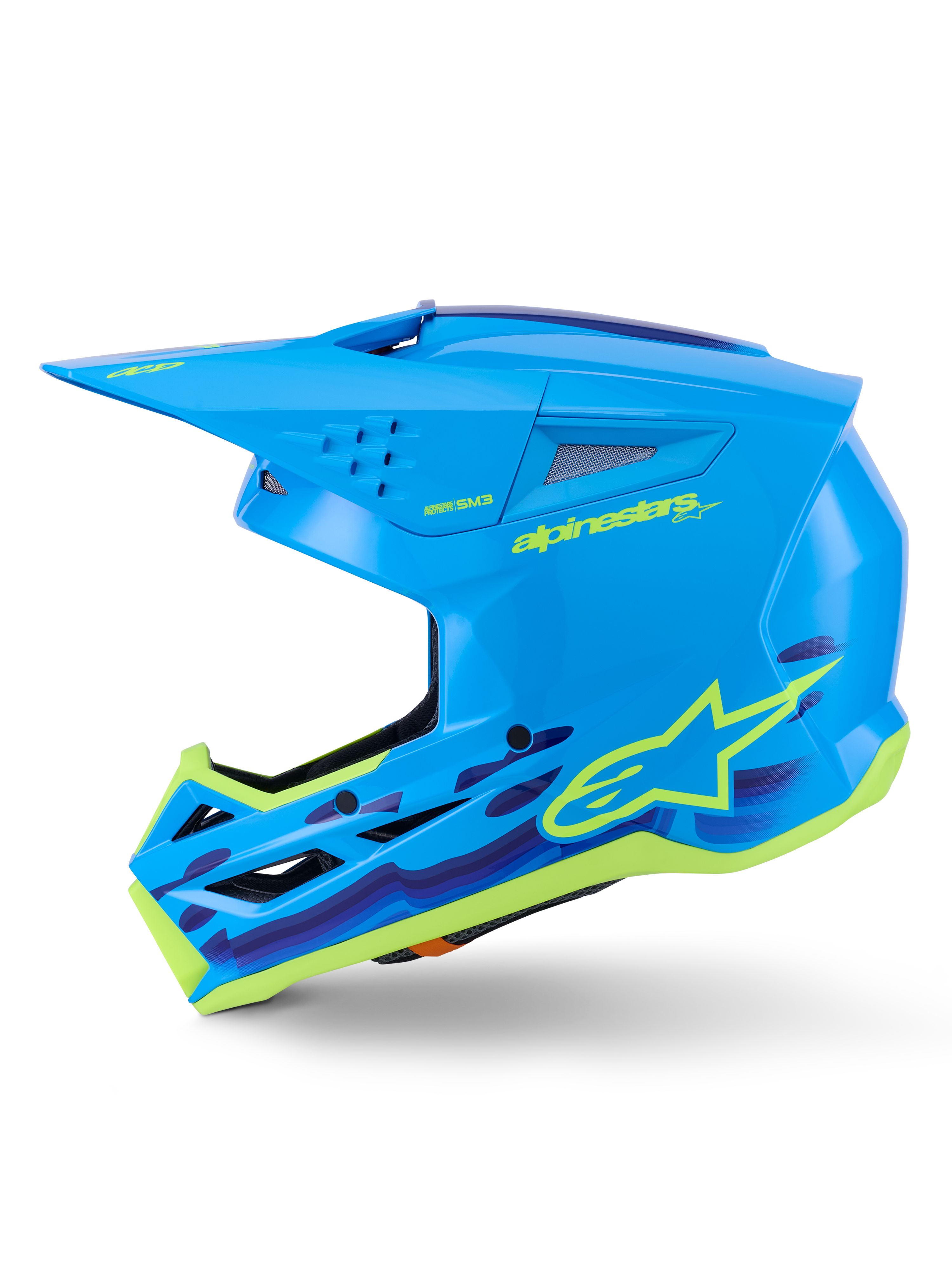 Alpinestars S-M3 Force OCD Helmet, capacete de motocross, ciano brilhante com detalhes gráficos, apresentando uma calota aerodinâmica, viseira protetora e ventilação de alto fluxo para corridas fora de estrada