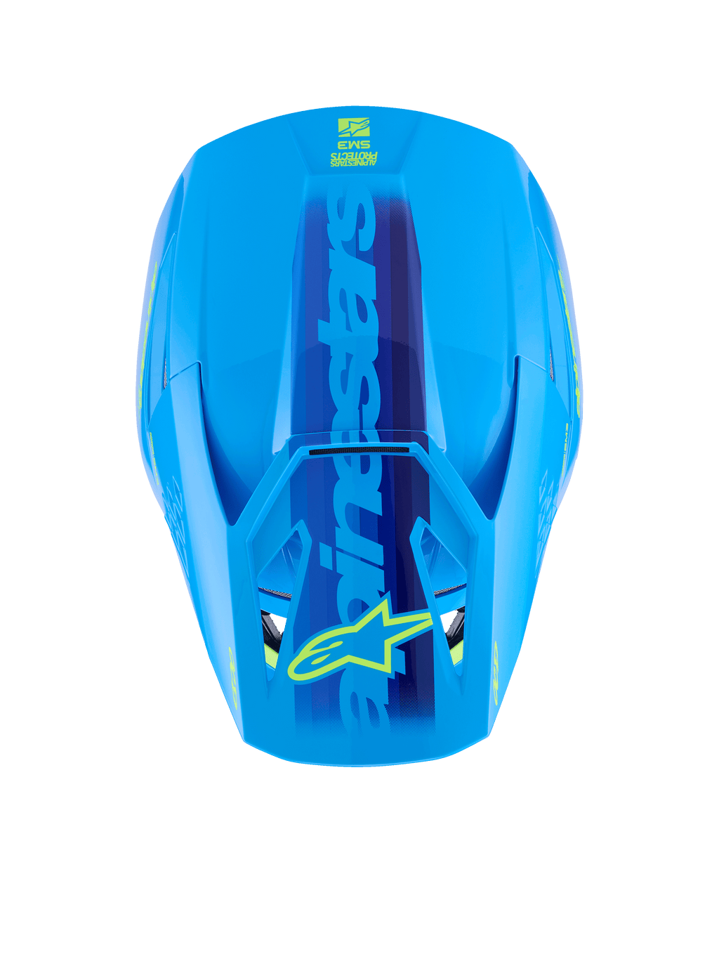 Capacete Alpinestars S-M3 Force OCD, Ciano Brilhante, vista superior mostrando a calota aerodinâmica, grande marca Alpinestars em azul com logótipo de estrela amarela na viseira, acabamento brilhante para corridas de motocross