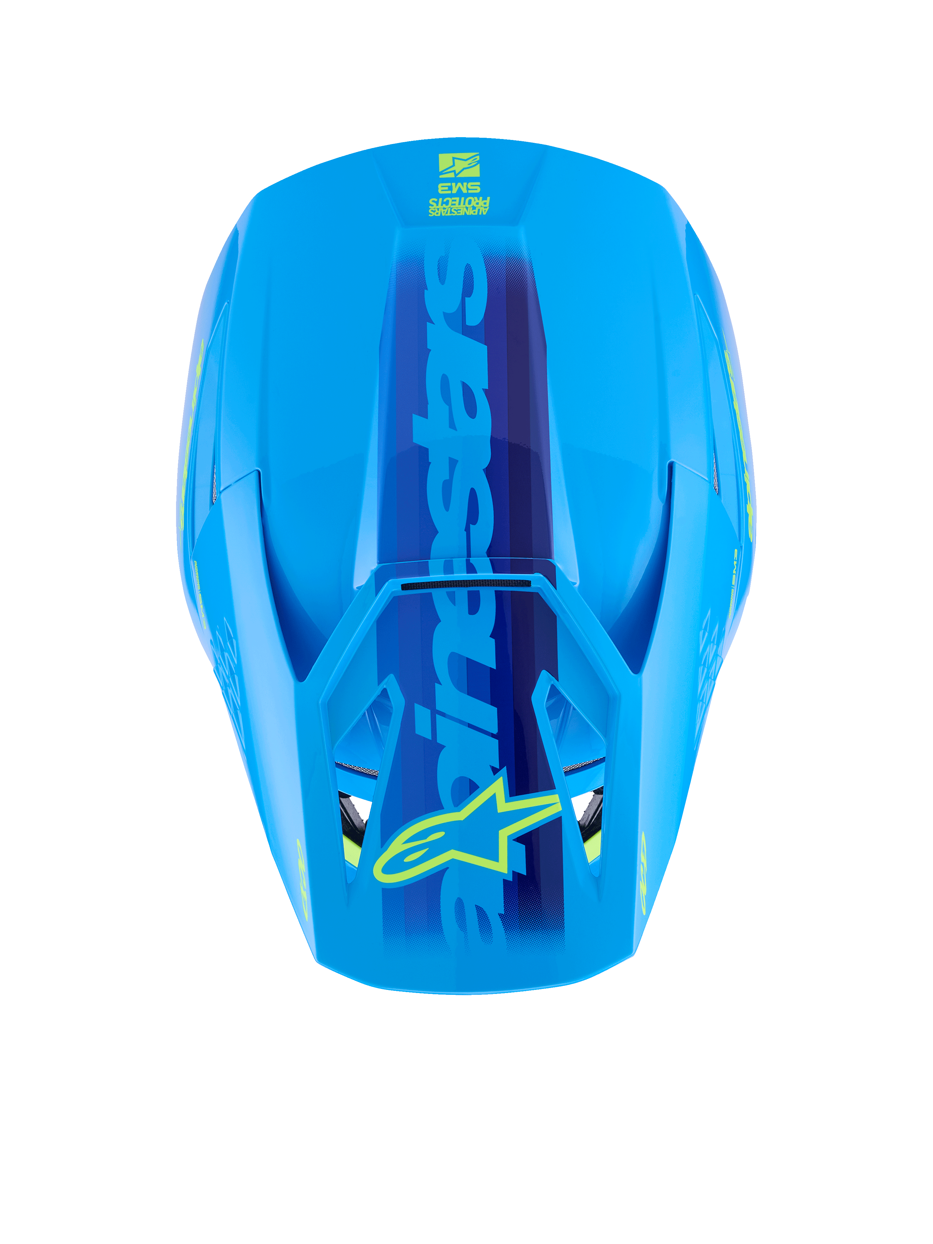 Capacete Alpinestars S-M3 Force OCD, Ciano Brilhante, vista superior mostrando a calota aerodinâmica, grande marca Alpinestars em azul com logótipo de estrela amarela na viseira, acabamento brilhante para corridas de motocross