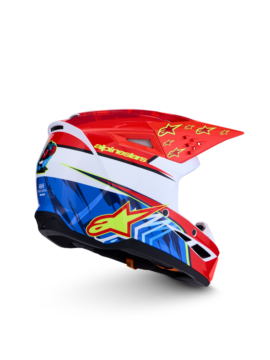 Alpinestars SM3 Falcon Jovem ECE06, capacete de motocross vermelho e azul com estrelas amarelas, homologação ECE 2206.