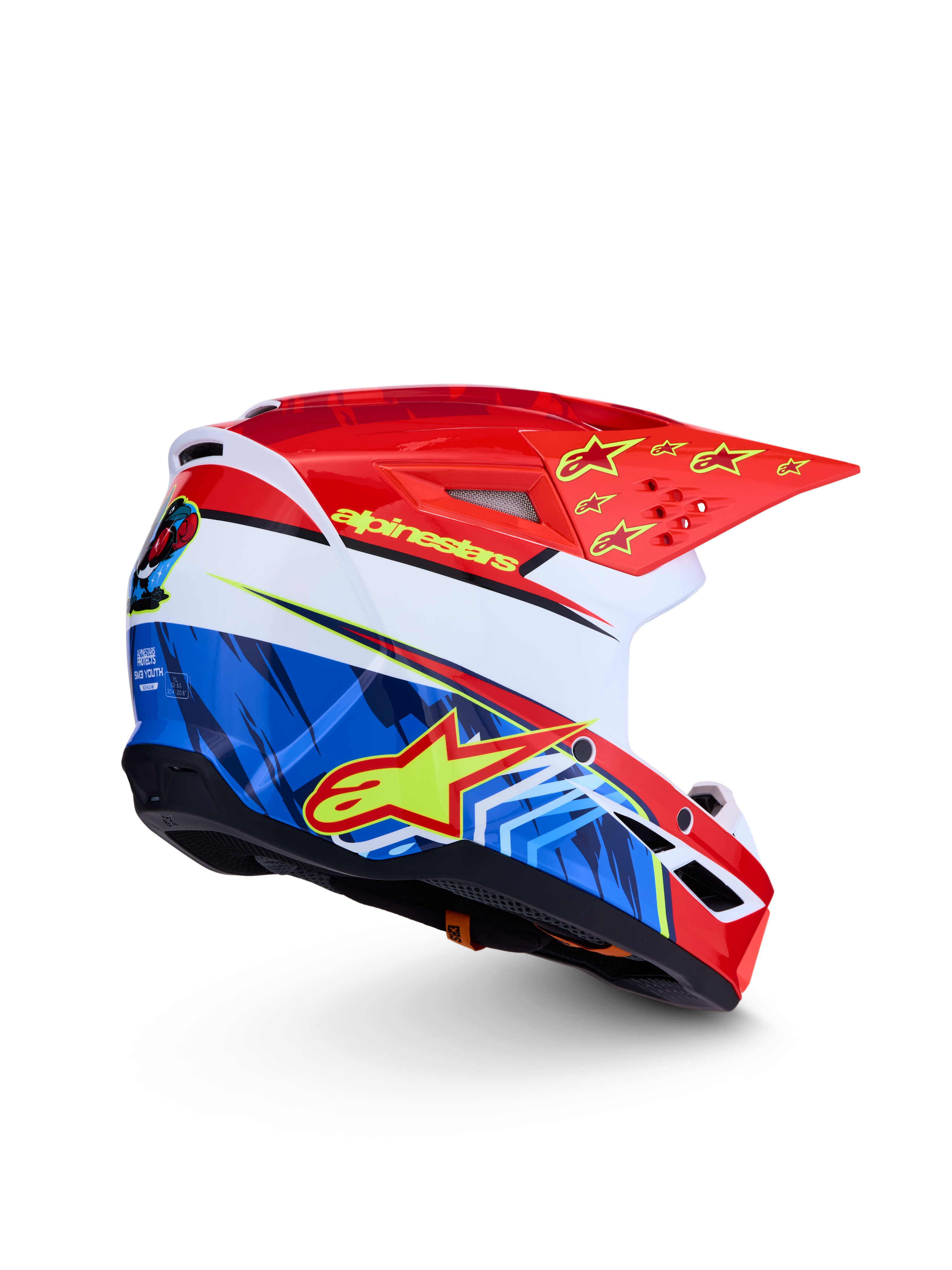 Alpinestars SM3 Falcon Jovem ECE06, capacete de motocross vermelho e azul com estrelas amarelas, homologação ECE 2206.