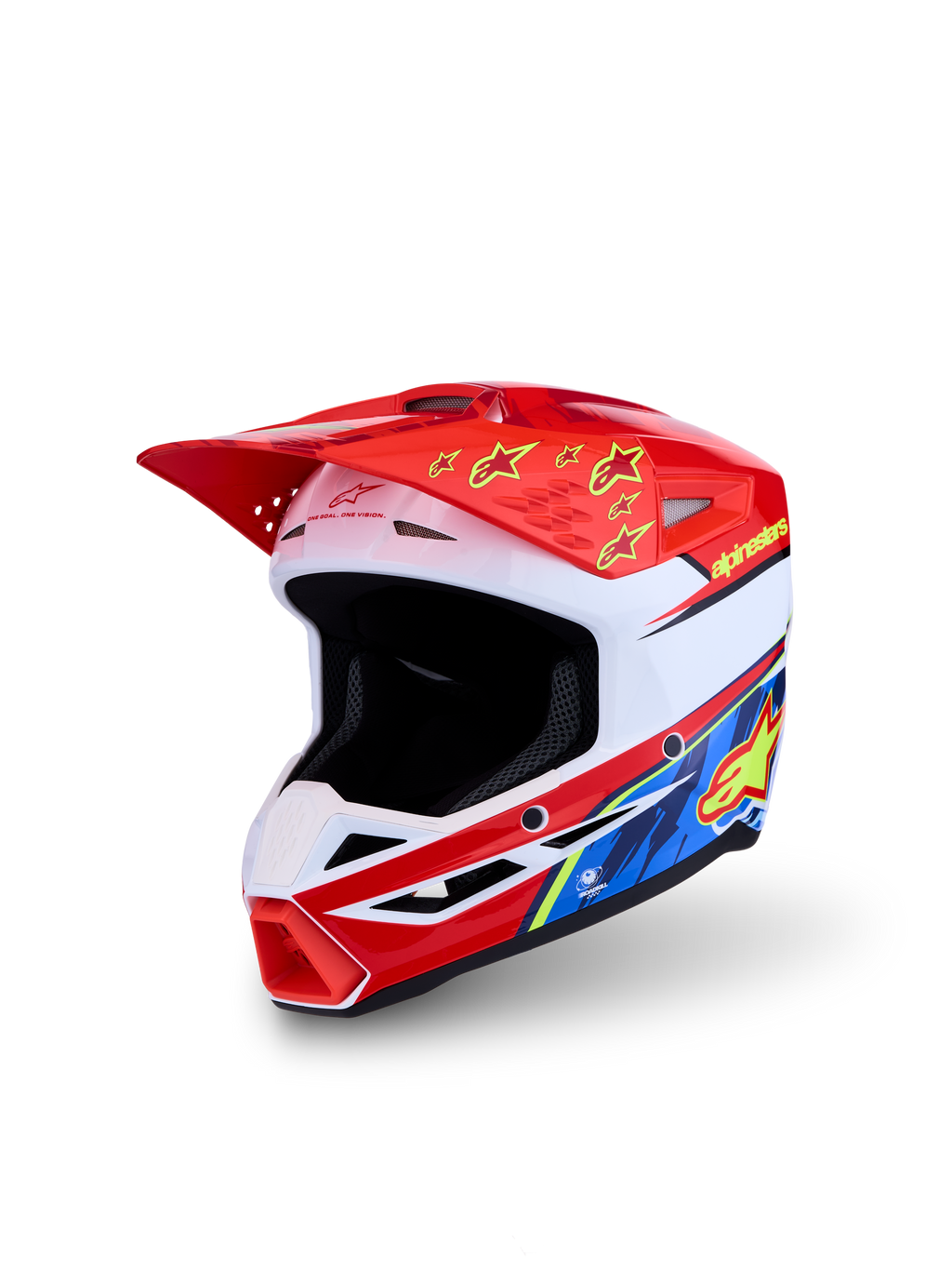 Alpinestars SM3 Falcon Jovem ECE06, capacete de motocross para crianças, vermelho e branco com grafismos amarelos e azuis, certificado ECE 22.06