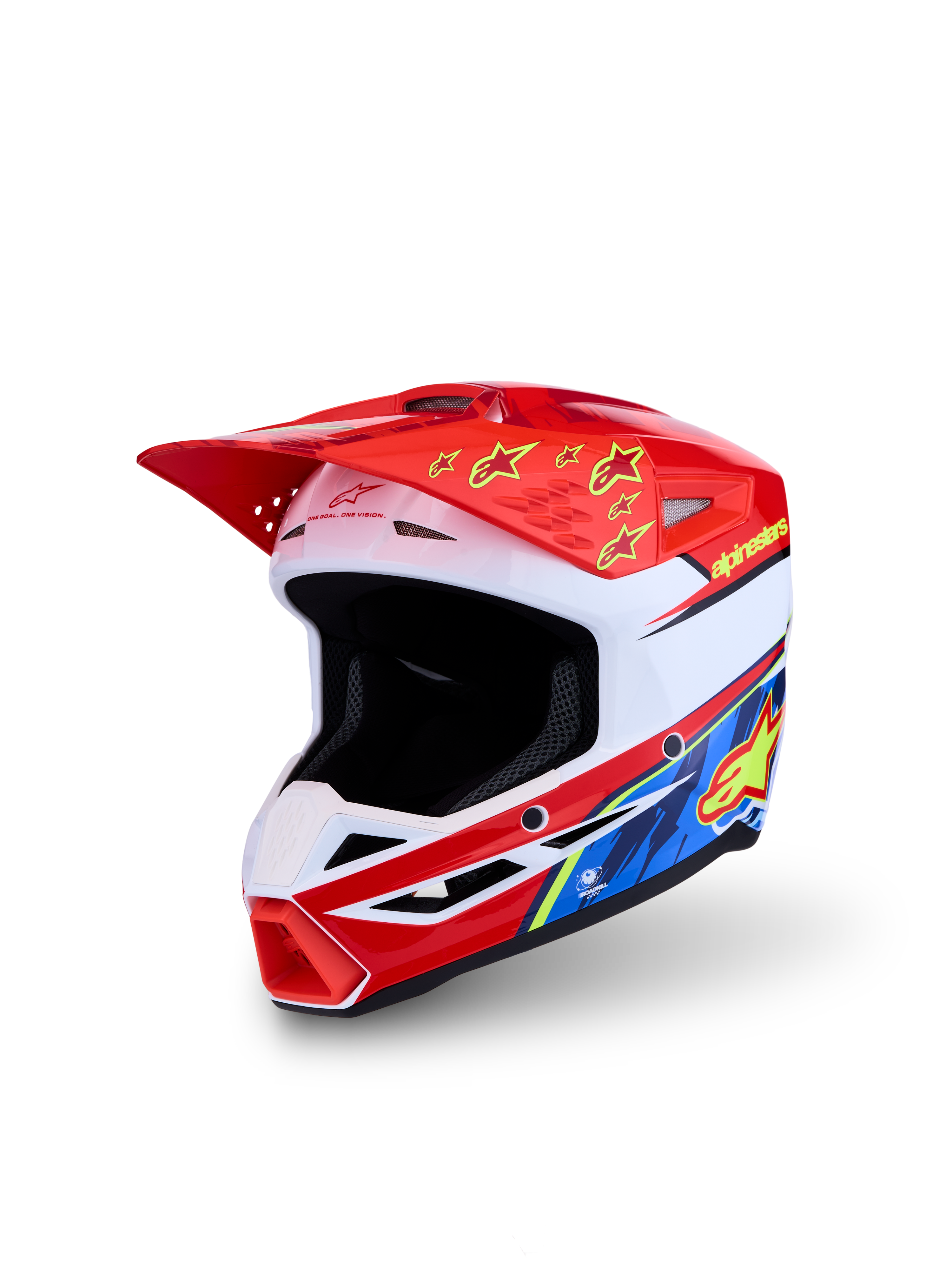 Alpinestars SM3 Falcon Jovem ECE06, capacete de motocross para crianças, vermelho e branco com grafismos amarelos e azuis, certificado ECE 22.06