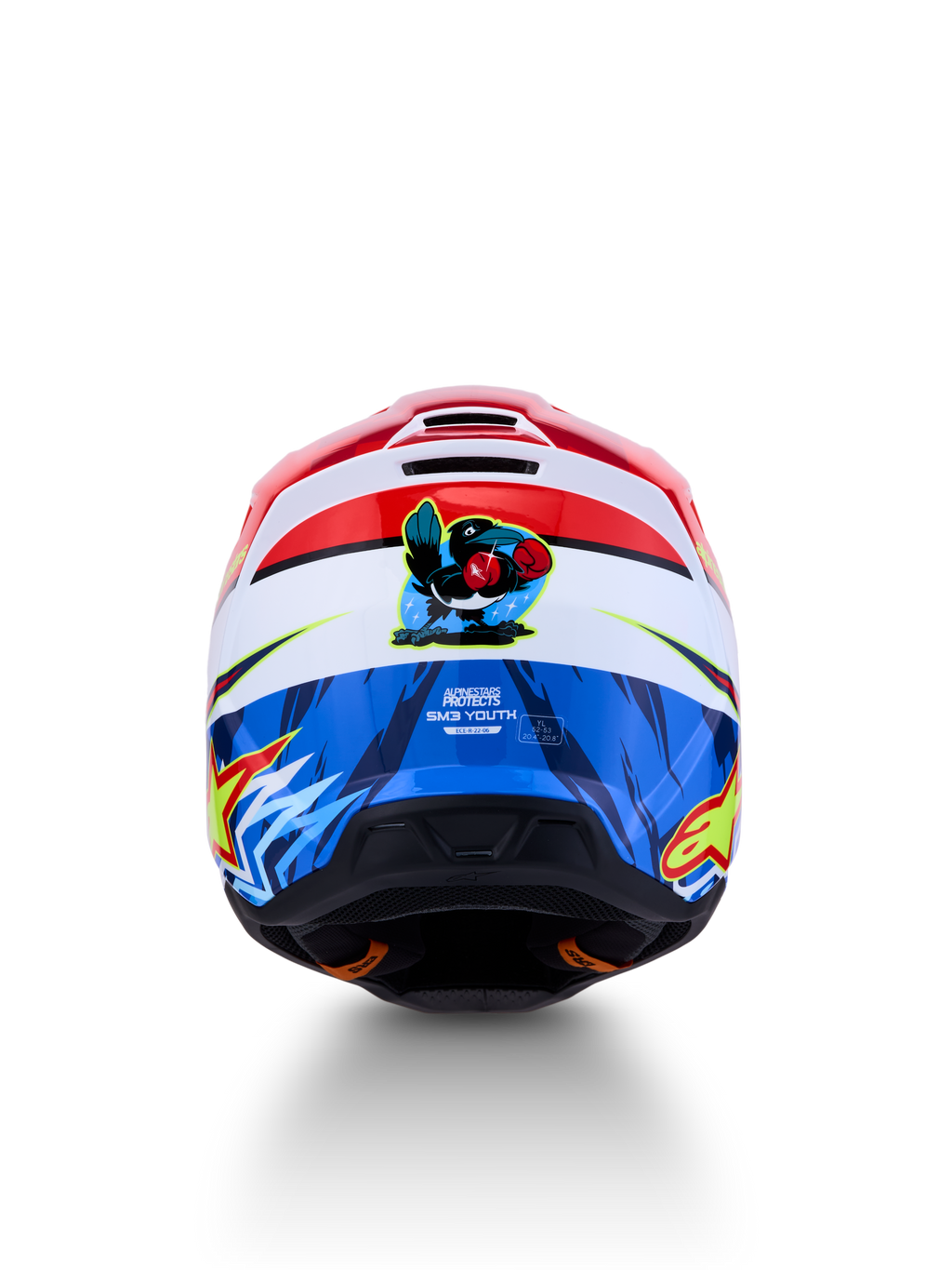 Capacete Alpinestars SM3 Falcon Jovem, motocross, vermelho, branco e azul, ECE 22.06, gráfico traseiro de falcão pugilista.