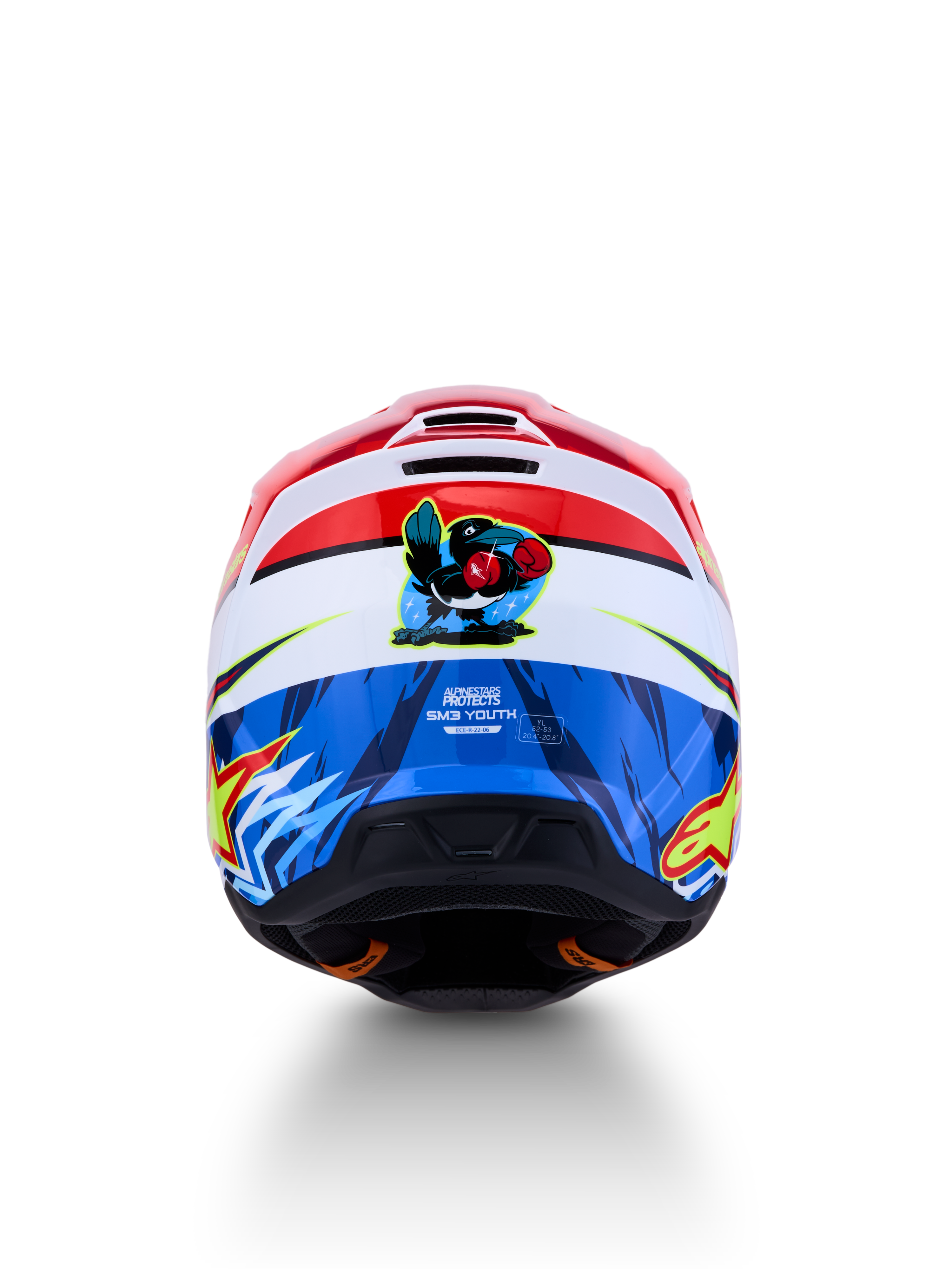 Capacete Alpinestars SM3 Falcon Jovem, motocross, vermelho, branco e azul, ECE 22.06, gráfico traseiro de falcão pugilista.