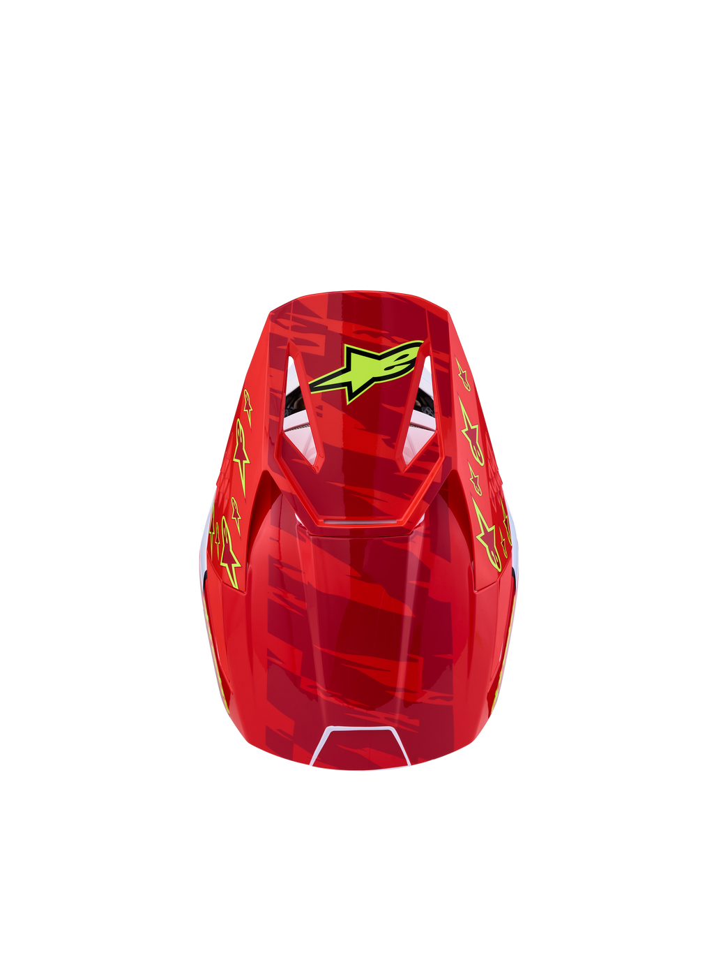 Alpinestars SM3 Falcon Jovem, capacete de motocross vermelho e amarelo com grafismos de camuflagem e ventilação superior.