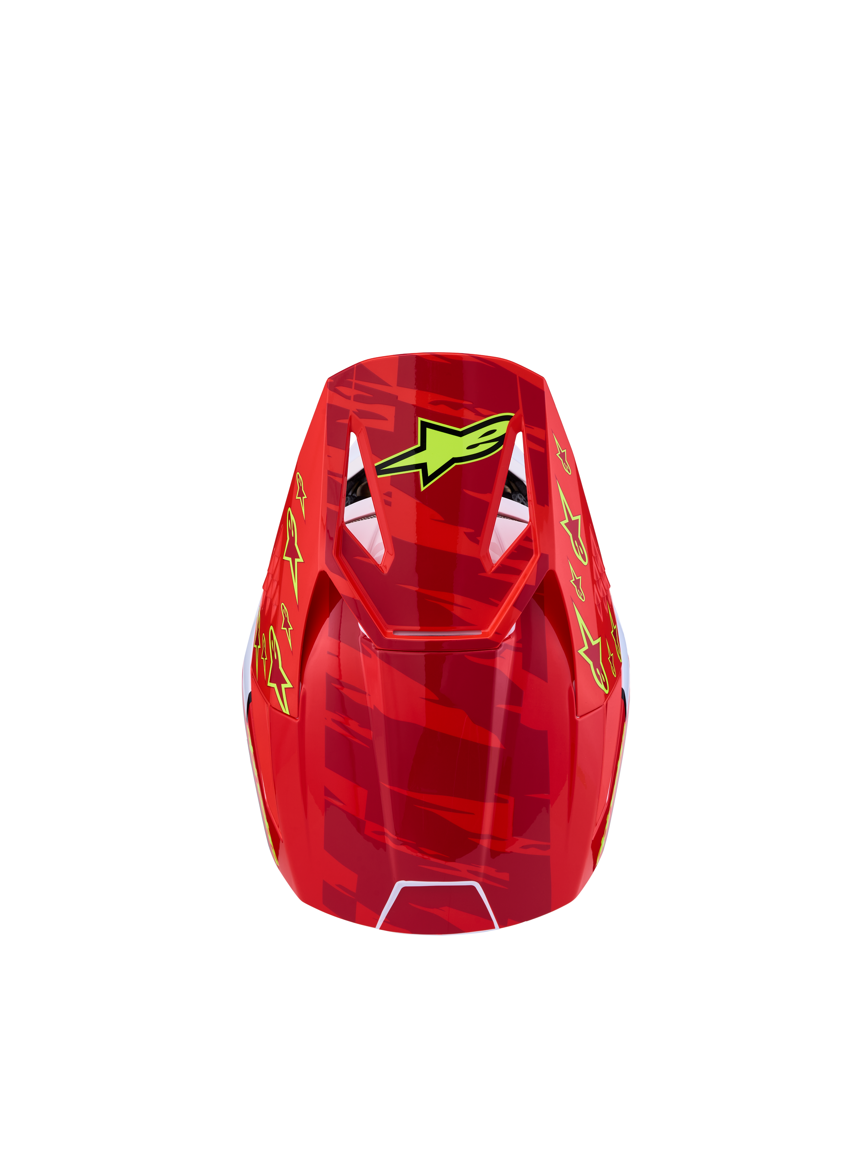 Alpinestars SM3 Falcon Jovem, capacete de motocross vermelho e amarelo com grafismos de camuflagem e ventilação superior.