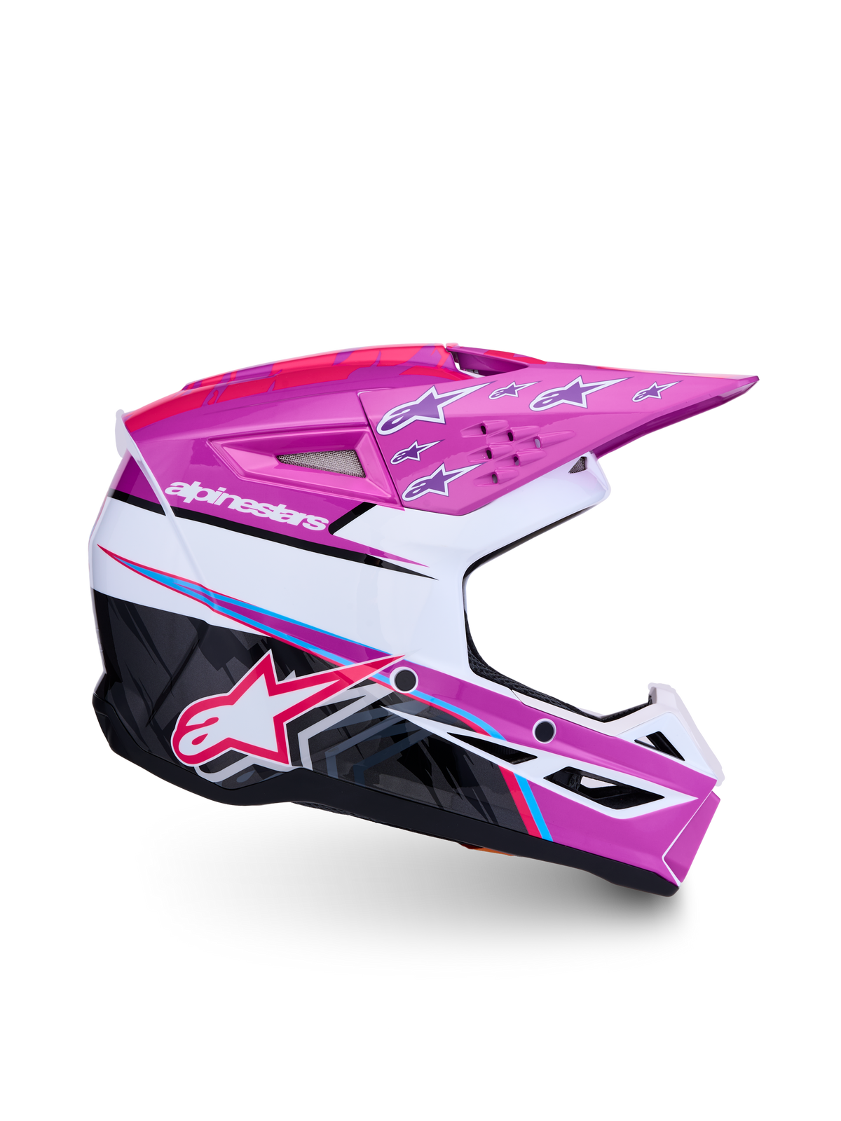 Alpinestars SM3 Youth Falcon Motocross Helmet in Purple, White, and Pink Fluo with ECE06 certified lightweight protection.