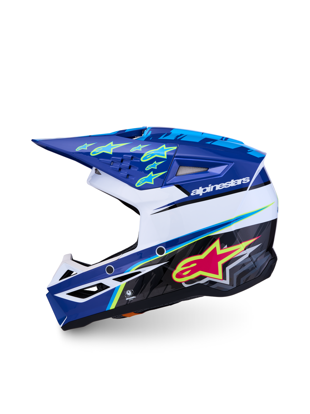 Alpinestars Capacete SM3 Falcon Jovem ECE06, capacete de motocross para jovens, azul e branco com detalhes em cor-de-rosa e amarelo fluorescente, certificado ECE 22.06, calota leve de polímero.