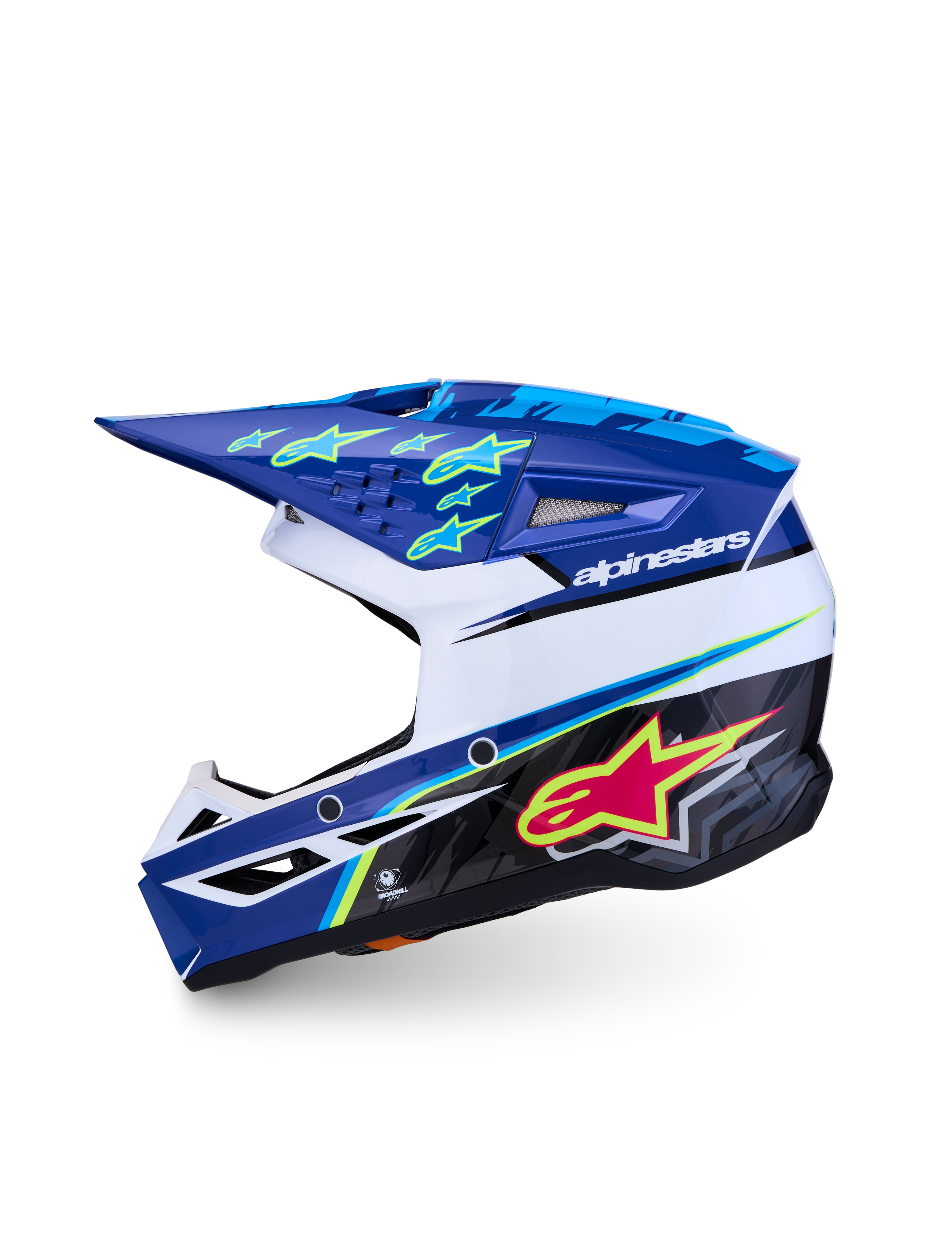 Alpinestars Capacete SM3 Falcon Jovem ECE06, capacete de motocross para jovens, azul e branco com detalhes em cor-de-rosa e amarelo fluorescente, certificado ECE 22.06, calota leve de polímero.