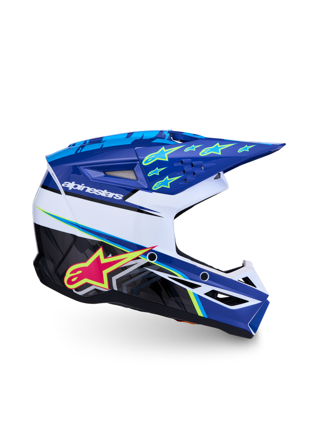 Alpinestars SM3 Falcon Jovem ECE06, capacete de motocross, azul, branco e preto com detalhes rosa e amarelo fluo.