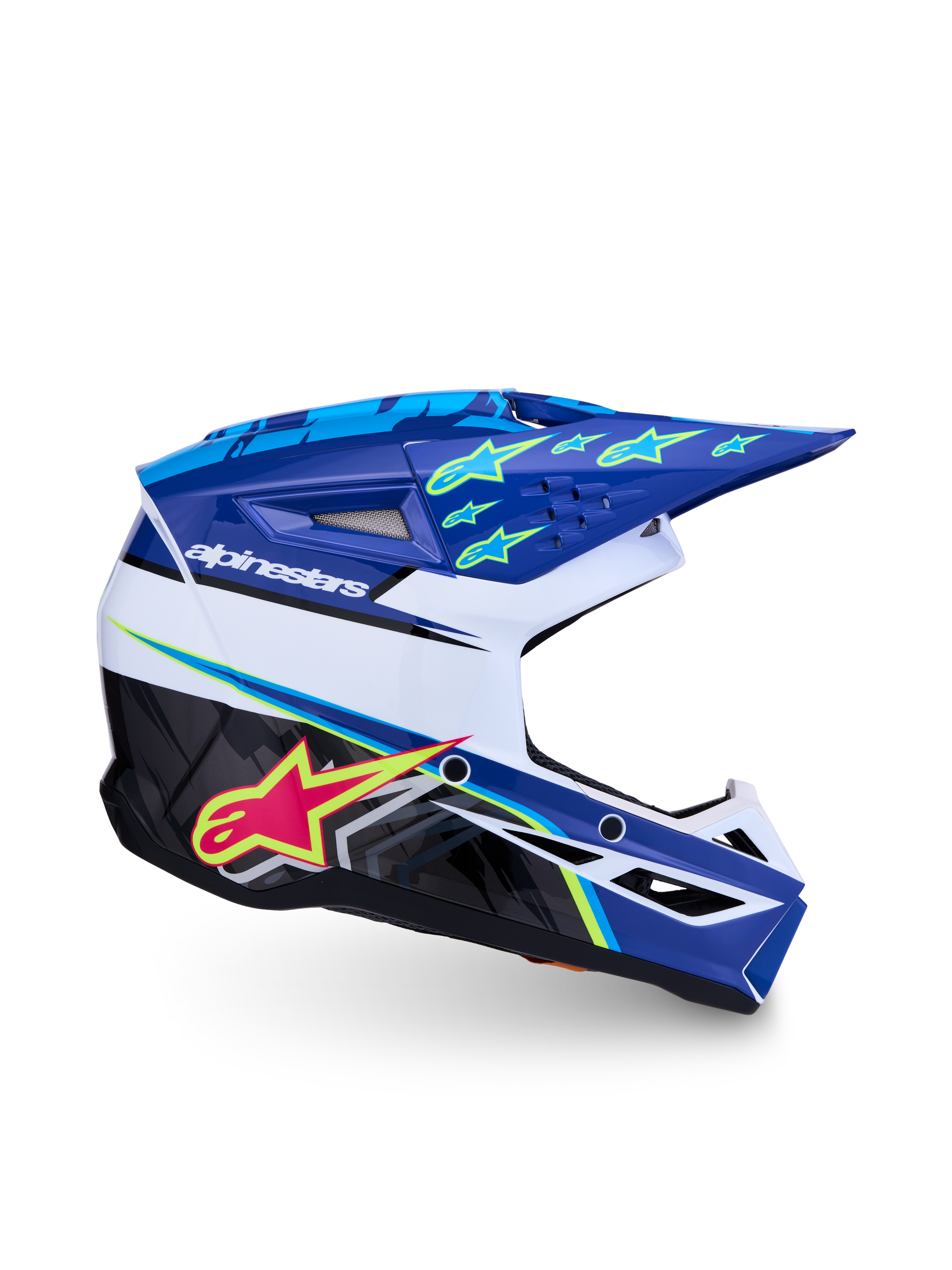 Alpinestars SM3 Falcon Jovem ECE06, capacete de motocross, azul, branco e preto com detalhes rosa e amarelo fluo.