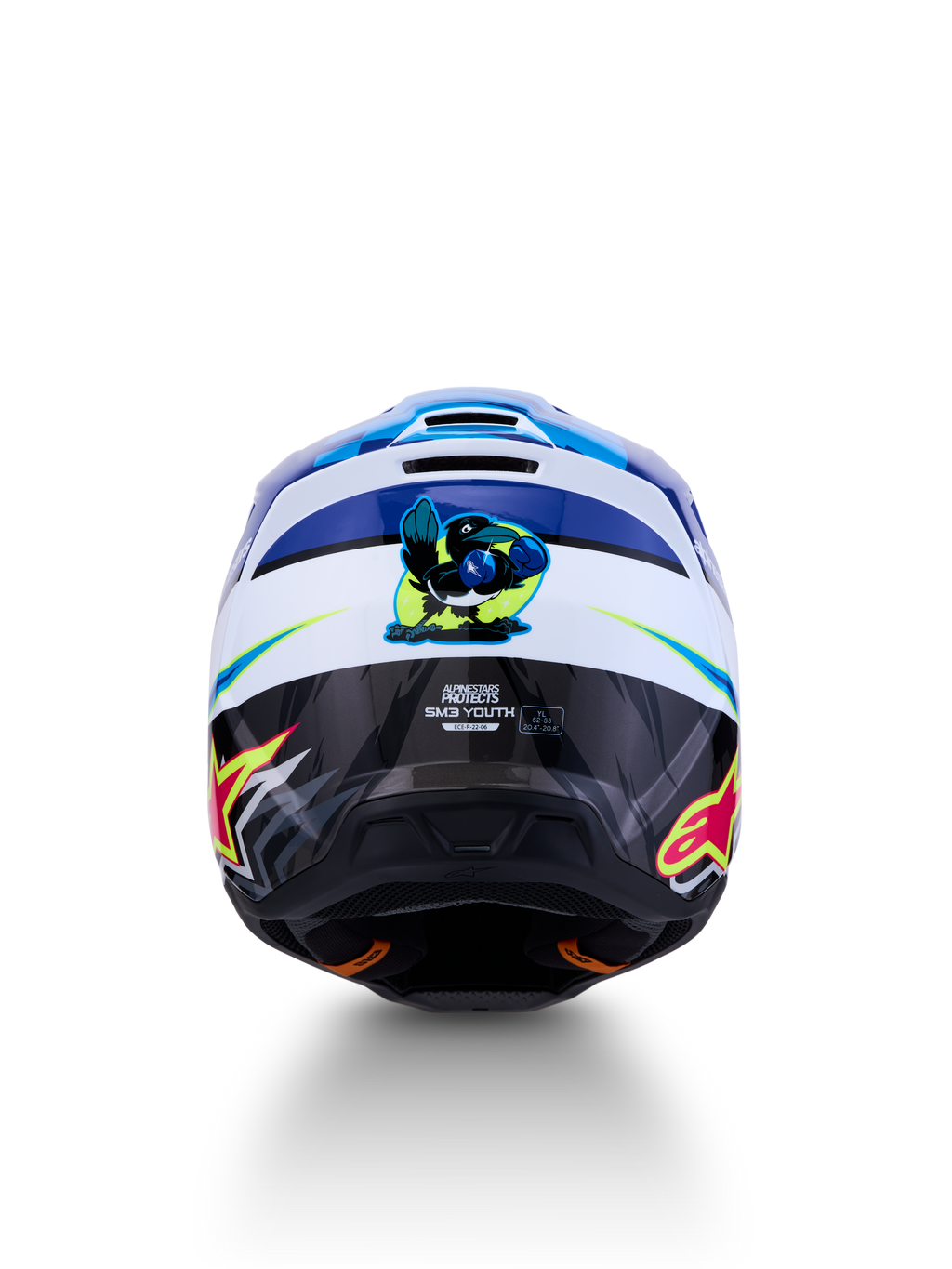 Alpinestars SM3 Falcon, capacete de motocross para jovens, azul e branco, vista traseira com gráficos, certificado ECE