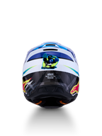 Alpinestars SM3 Falcon, capacete de motocross para jovens, azul e branco, vista traseira com gráficos, certificado ECE