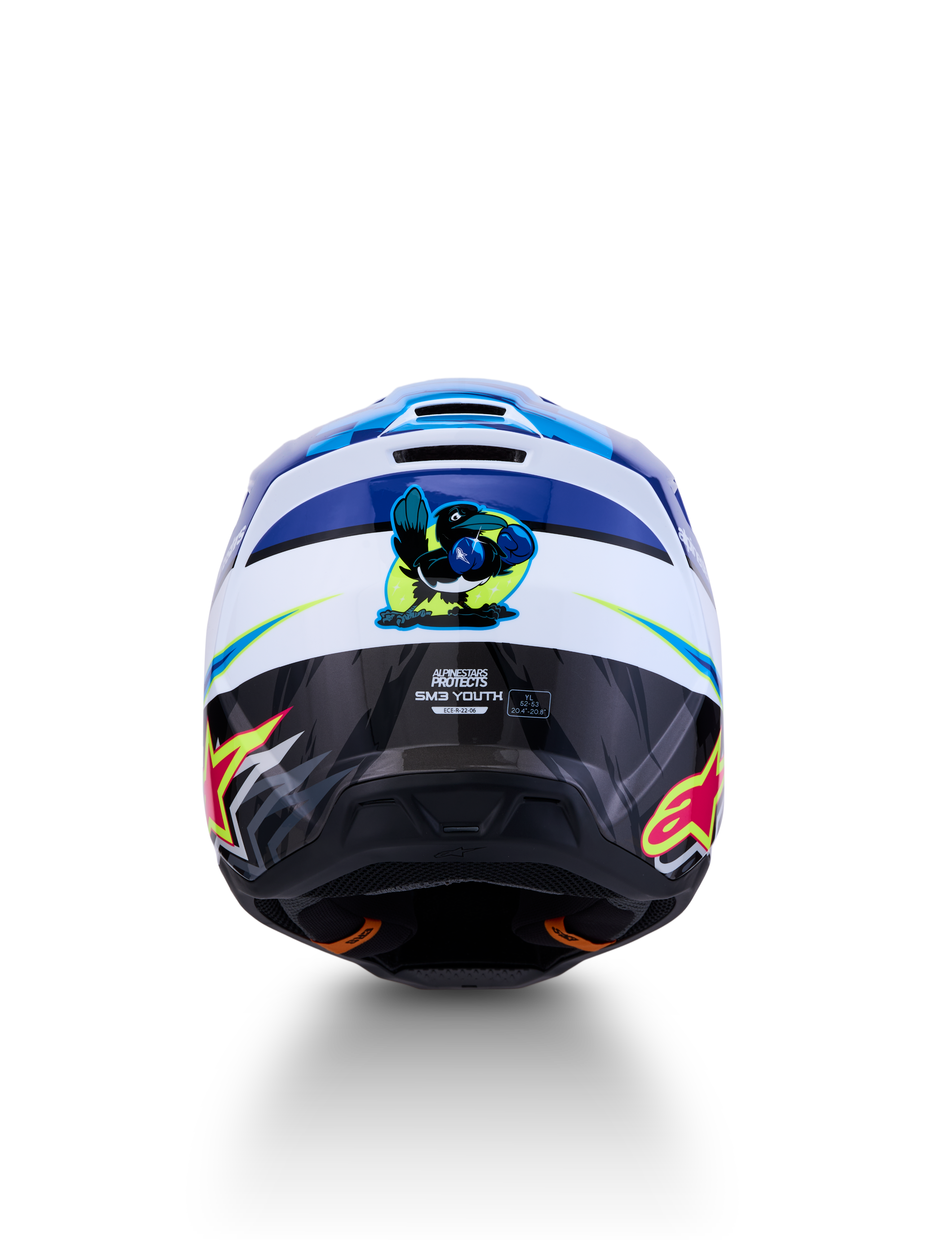 Alpinestars SM3 Falcon, capacete de motocross para jovens, azul e branco, vista traseira com gráficos, certificado ECE