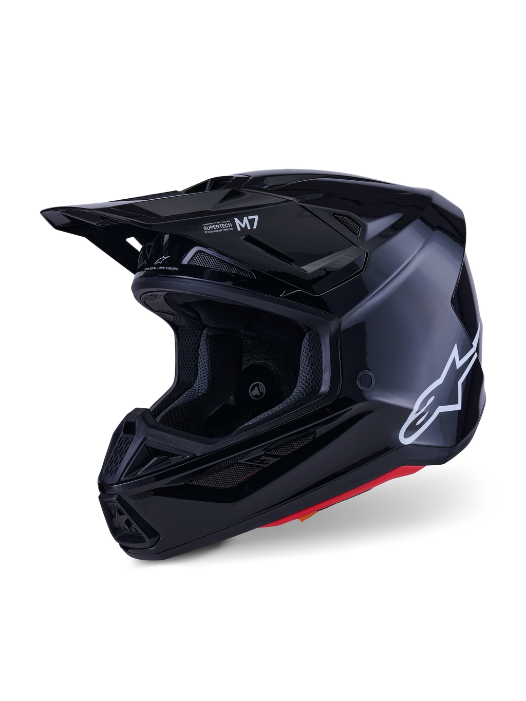 Alpinestars S-M7 Solid Helmet, capacete de motocross, preto brilhante, com logótipo Alpinestars branco na lateral, viseira aerodinâmica e múltiplas entradas de ar para proteção em corridas todo-o-terreno