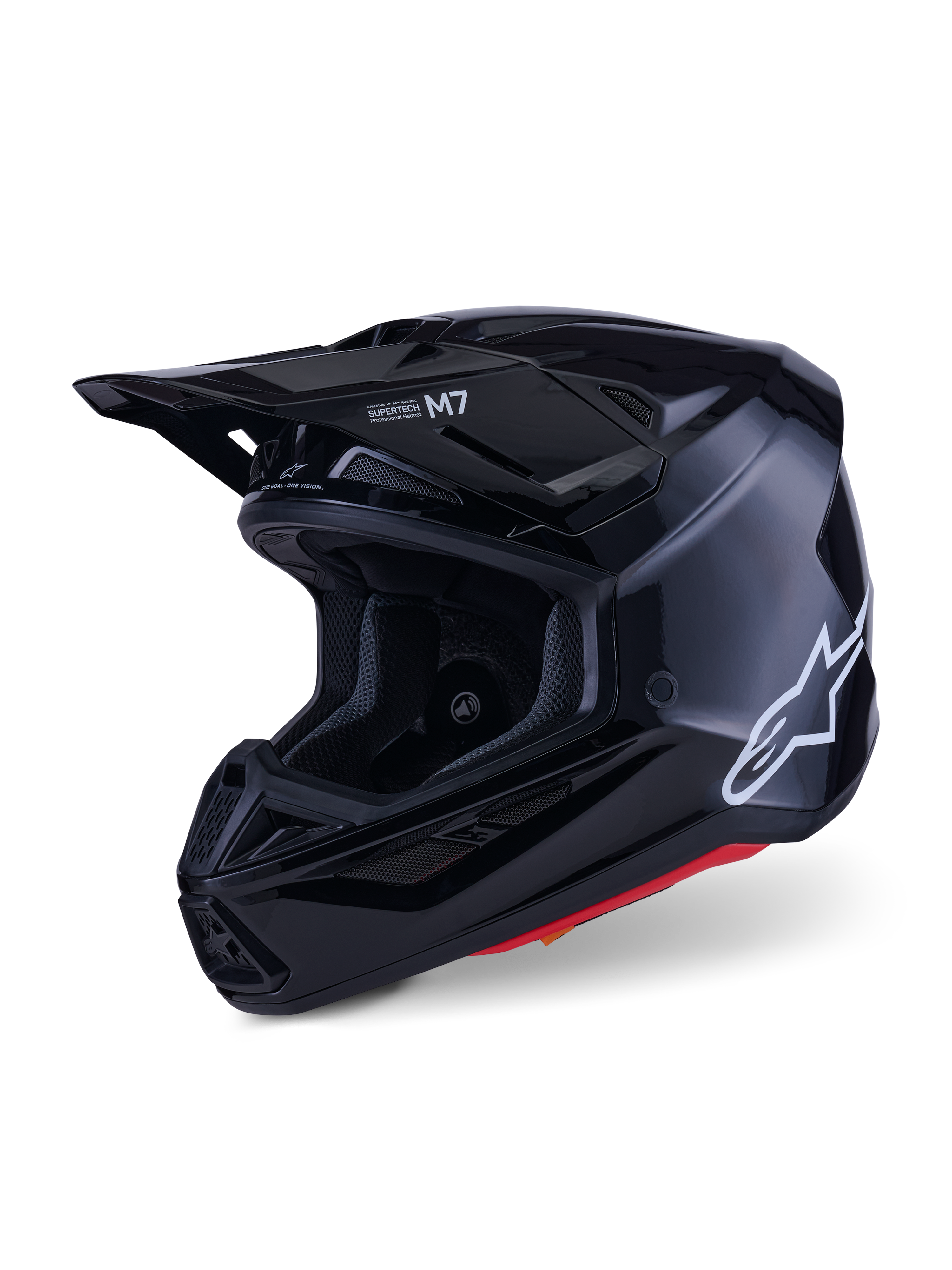Alpinestars S-M7 Solid Helmet, capacete de motocross, preto brilhante, com logótipo Alpinestars branco na lateral, viseira aerodinâmica e múltiplas entradas de ar para proteção em corridas todo-o-terreno