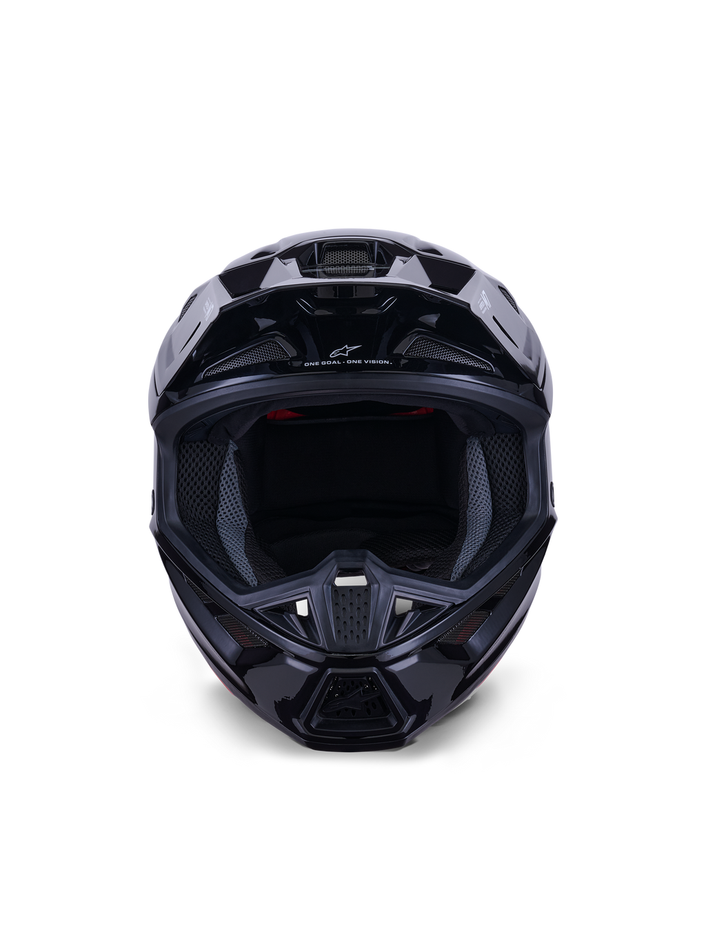 Capacete Alpinestars S-M7 Solid ECE 22.06, capacete de motocross, preto brilhante, vista frontal destacando a calota composta aerodinâmica, as aberturas de ventilação na proteção de queixo e o forro interno em malha, acabamento elegante para corridas off-road
