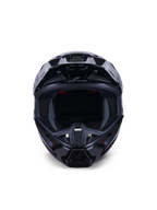 Capacete Alpinestars S-M7 Solid ECE 22.06, capacete de motocross, preto brilhante, vista frontal destacando a calota composta aerodinâmica, as aberturas de ventilação na proteção de queixo e o forro interno em malha, acabamento elegante para corridas off-road