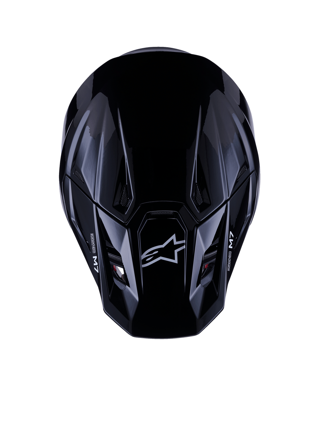 Alpinestars S-M7 Solid Helmet ECE 22.06, capacete de motocross, preto brilhante, vista superior mostrando a calota composta aerodinâmica com logótipo Astars e marca M7, design elegante com aberturas de ventilação para performance em corridas todo-o-terreno
