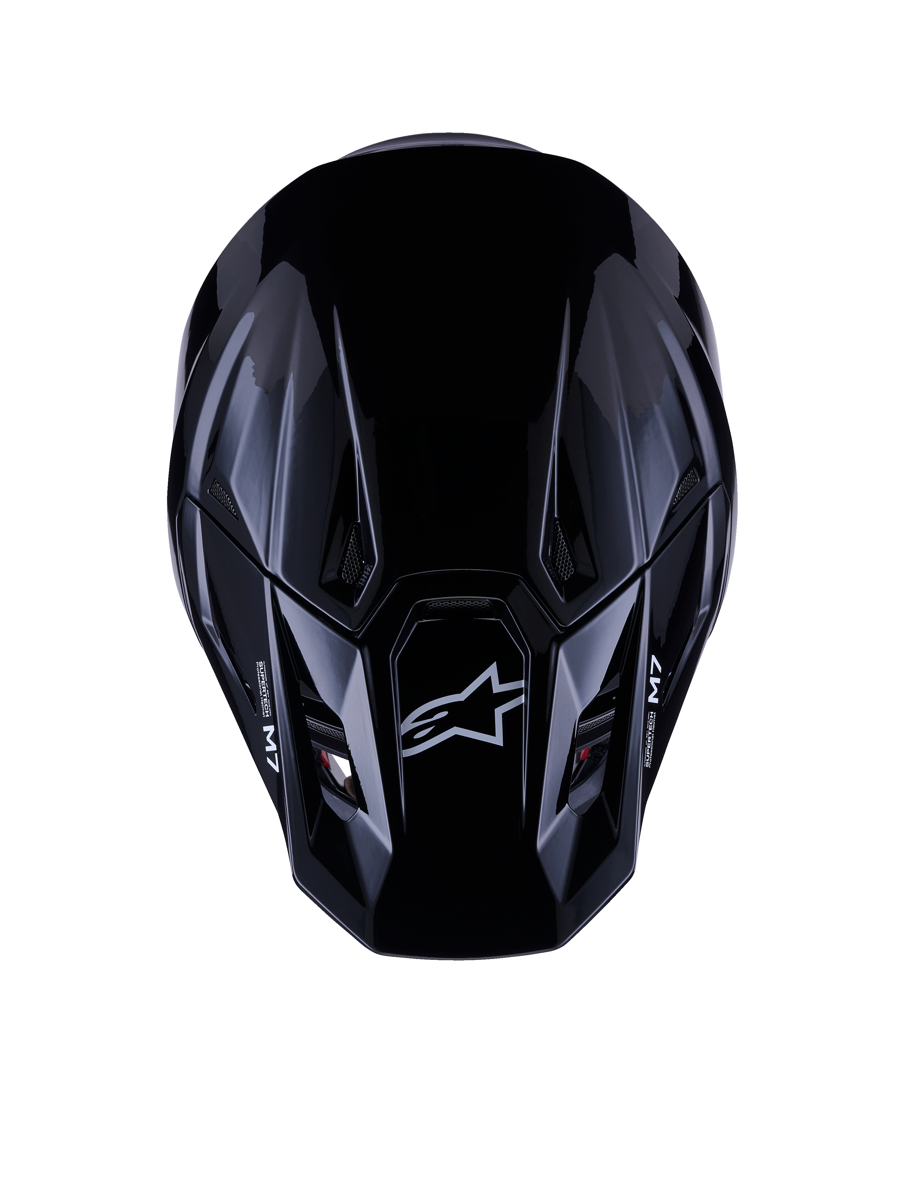 Alpinestars S-M7 Solid Helmet ECE 22.06, capacete de motocross, preto brilhante, vista superior mostrando a calota composta aerodinâmica com logótipo Astars e marca M7, design elegante com aberturas de ventilação para performance em corridas todo-o-terreno