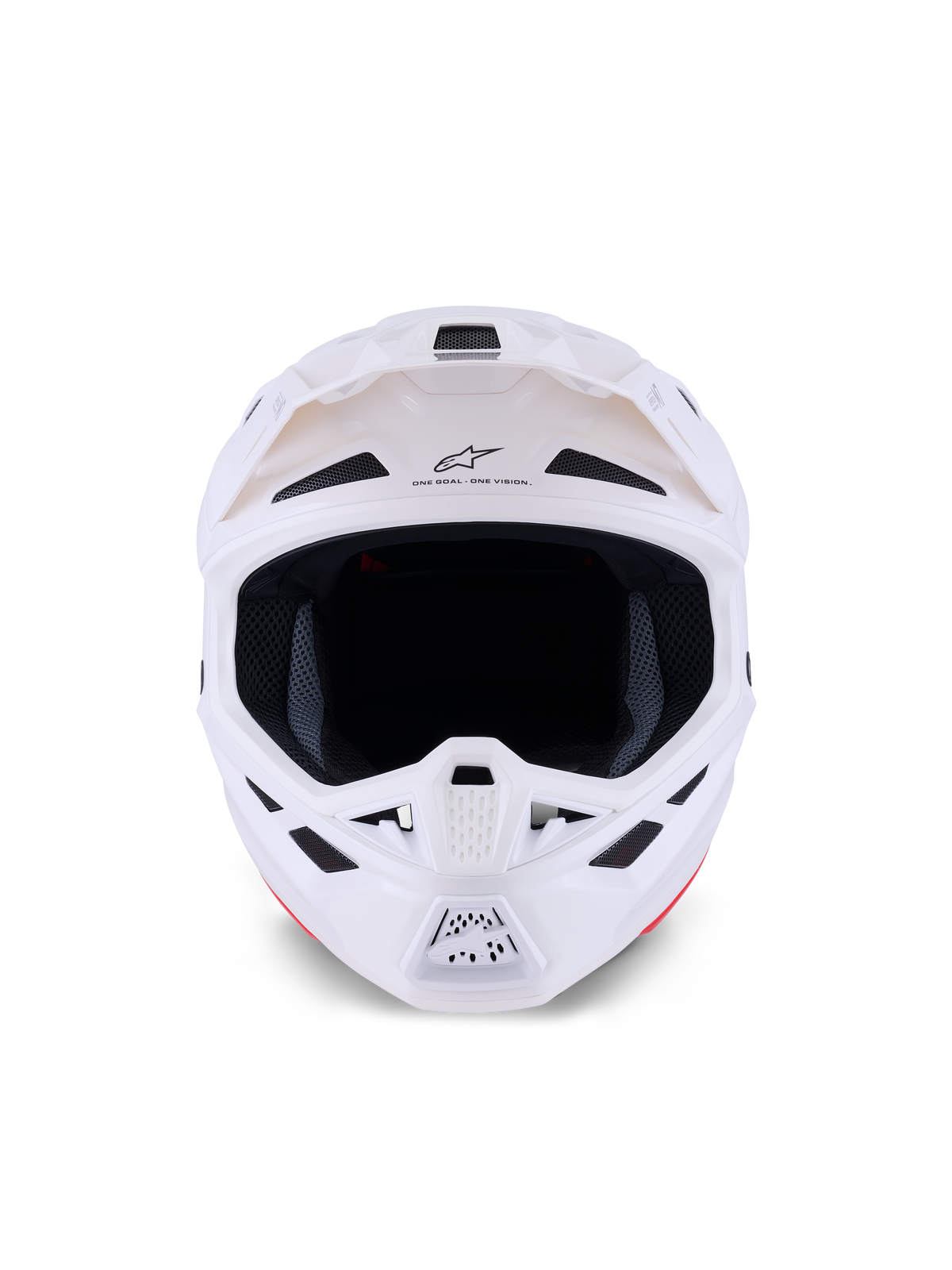 Capacete Alpinestars S-M7 Solid, capacete de motocross, branco brilhante, vista frontal mostrando entradas de ventilação e proteção de queixo, design de concha composta aerodinâmica para corridas off-road