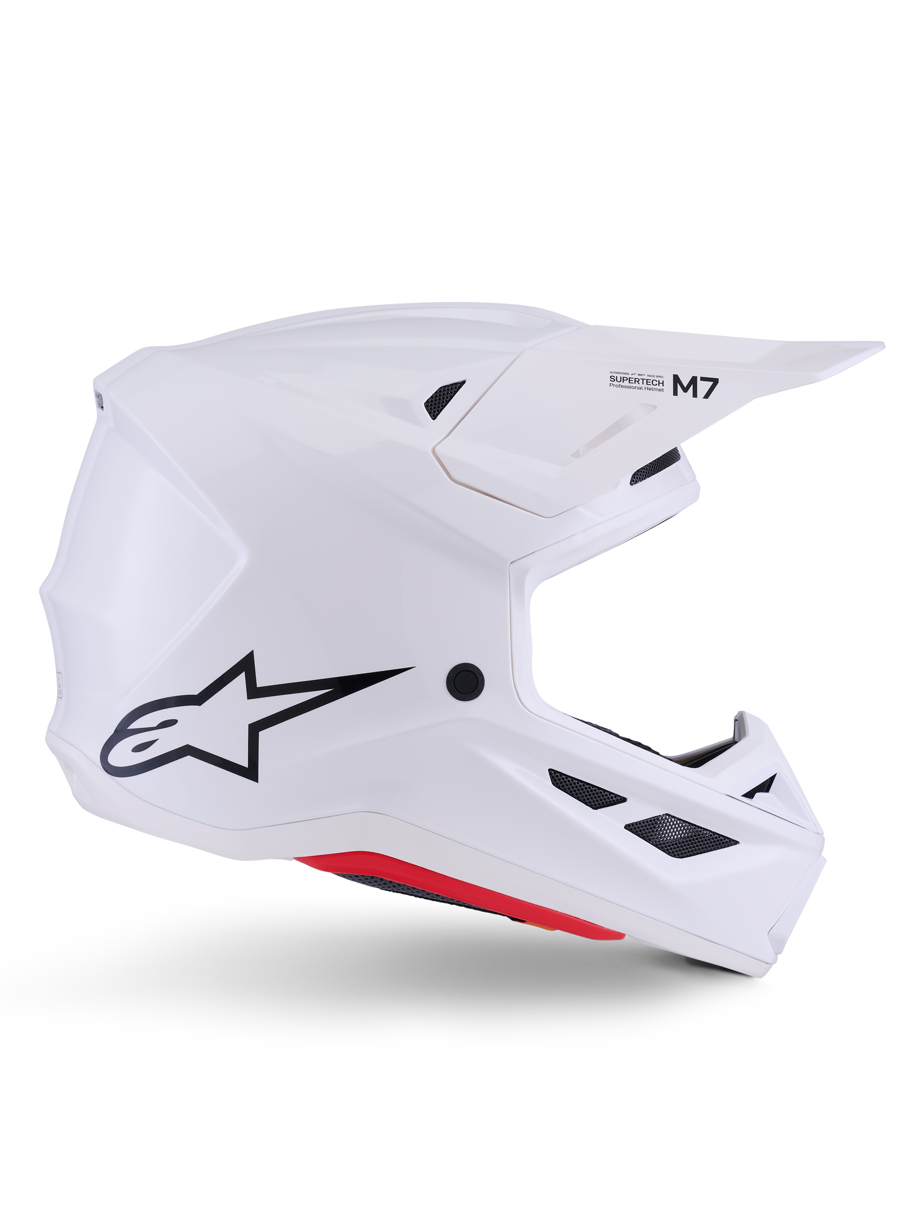 Alpinestars S-M7 Solid Helmet ECE 22.06, capacete de motocross, branco brilhante, design aerodinâmico angular com grelhas de ventilação pretas, logótipo de estrela preto e marca M7, proteção profissional para corridas todo-o-terreno
