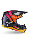Alpinestars S-M7 Rise Helmet, Motocross Racing Helmet, Glossy Black with Pink, Orange, and Yellow Graphics, side profile view, featuring white Alpinestars logo and visor, aerodynamic shell with integrated ventilation ports