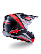 Capacete Alpinestars S-M7 Rise, capacete de motocross, preto, prateado e vermelho fluo brilhante, vista traseira em três quartos, com logótipo A-star vermelho em destaque e detalhes prateados, calota aerodinâmica com viseira, proteção profissional para corridas todo-o-terreno