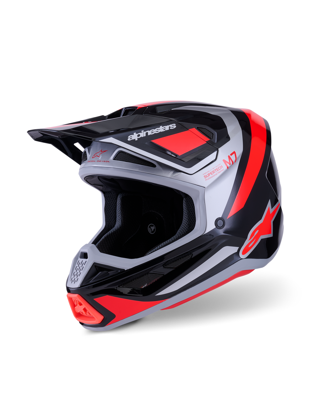 Capacete Alpinestars S-M7 Rise, capacete de motocross, preto, prateado e vermelho fluo brilhante, casco aerodinâmico em compósito com múltiplas entradas de ventilação, viseira ajustável e logótipo em destaque para corridas de off-road