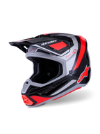 Capacete Alpinestars S-M7 Rise, capacete de motocross, preto, prateado e vermelho fluo brilhante, casco aerodinâmico em compósito com múltiplas entradas de ventilação, viseira ajustável e logótipo em destaque para corridas de off-road