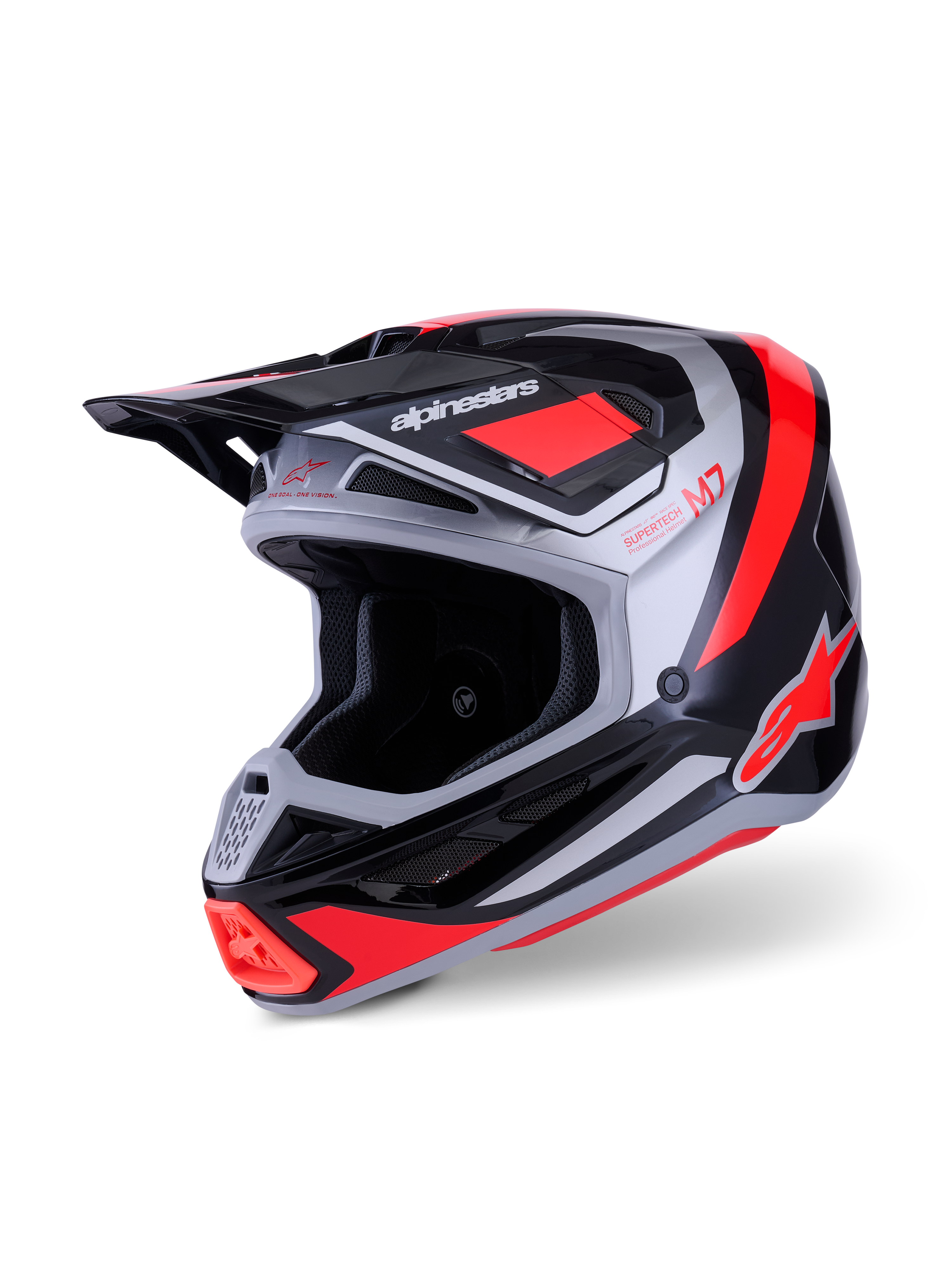 Capacete Alpinestars S-M7 Rise, capacete de motocross, preto, prateado e vermelho fluo brilhante, casco aerodinâmico em compósito com múltiplas entradas de ventilação, viseira ajustável e logótipo em destaque para corridas de off-road