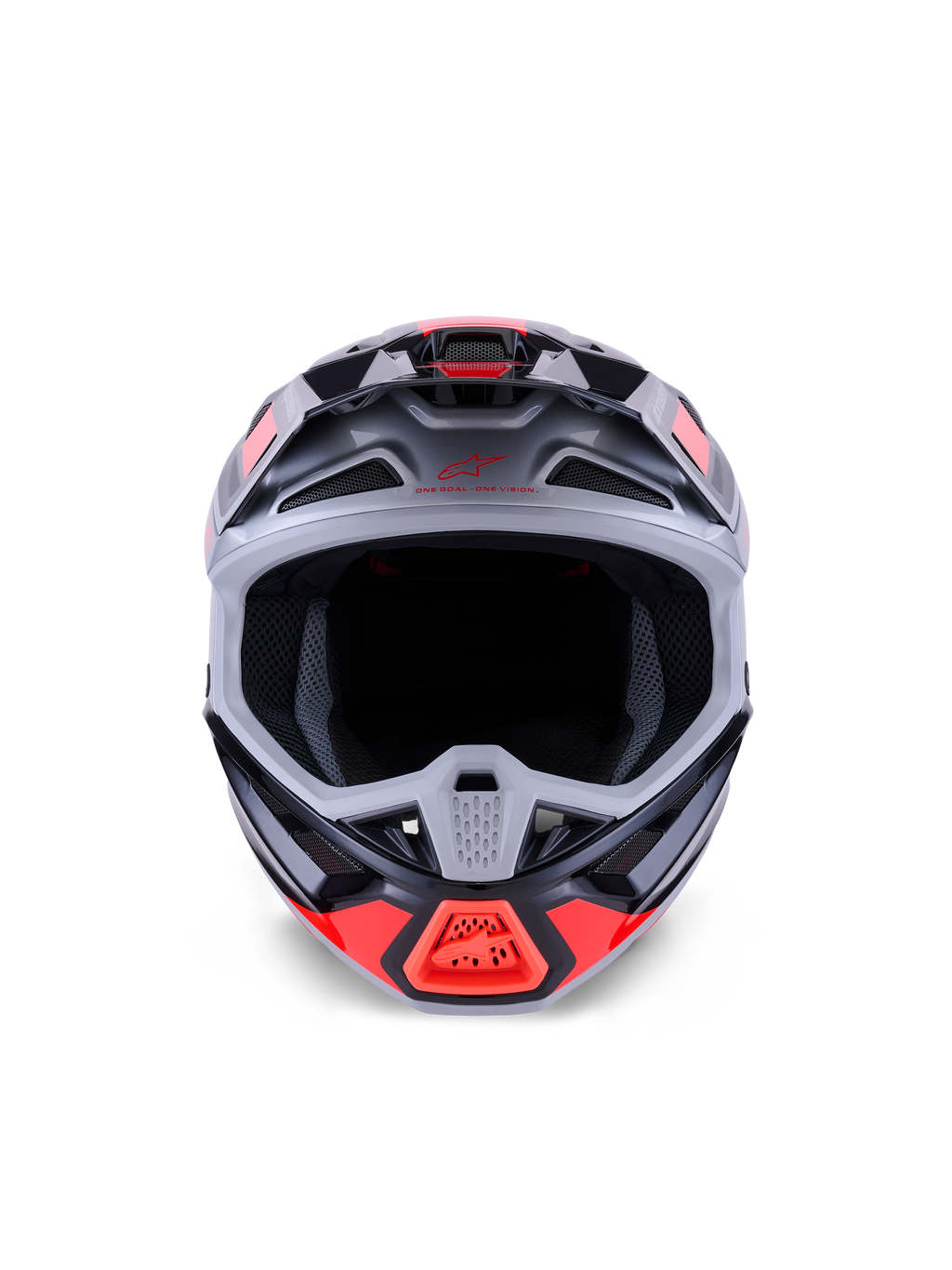 Alpinestars S-M7 Rise Helmet, capacete de motocross, preto, prateado e vermelho fluorescente brilhante, vista frontal exibindo a calota aerodinâmica em compósito, múltiplas entradas de ar e abertura ocular ampla, concebido para proteção em corridas de todo-o-terreno