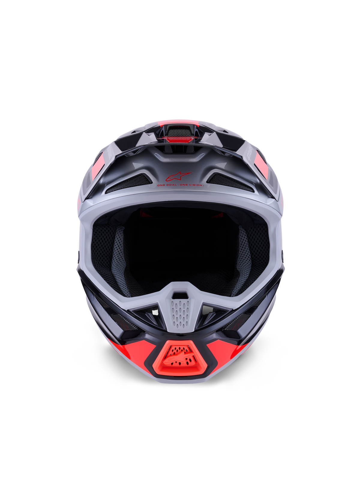 Alpinestars S-M7 Rise Helmet, capacete de motocross, preto, prateado e vermelho fluorescente brilhante, vista frontal exibindo a calota aerodinâmica em compósito, múltiplas entradas de ar e abertura ocular ampla, concebido para proteção em corridas de todo-o-terreno