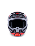 Alpinestars S-M7 Rise Helmet, capacete de motocross, preto, prateado e vermelho fluorescente brilhante, vista frontal exibindo a calota aerodinâmica em compósito, múltiplas entradas de ar e abertura ocular ampla, concebido para proteção em corridas de todo-o-terreno