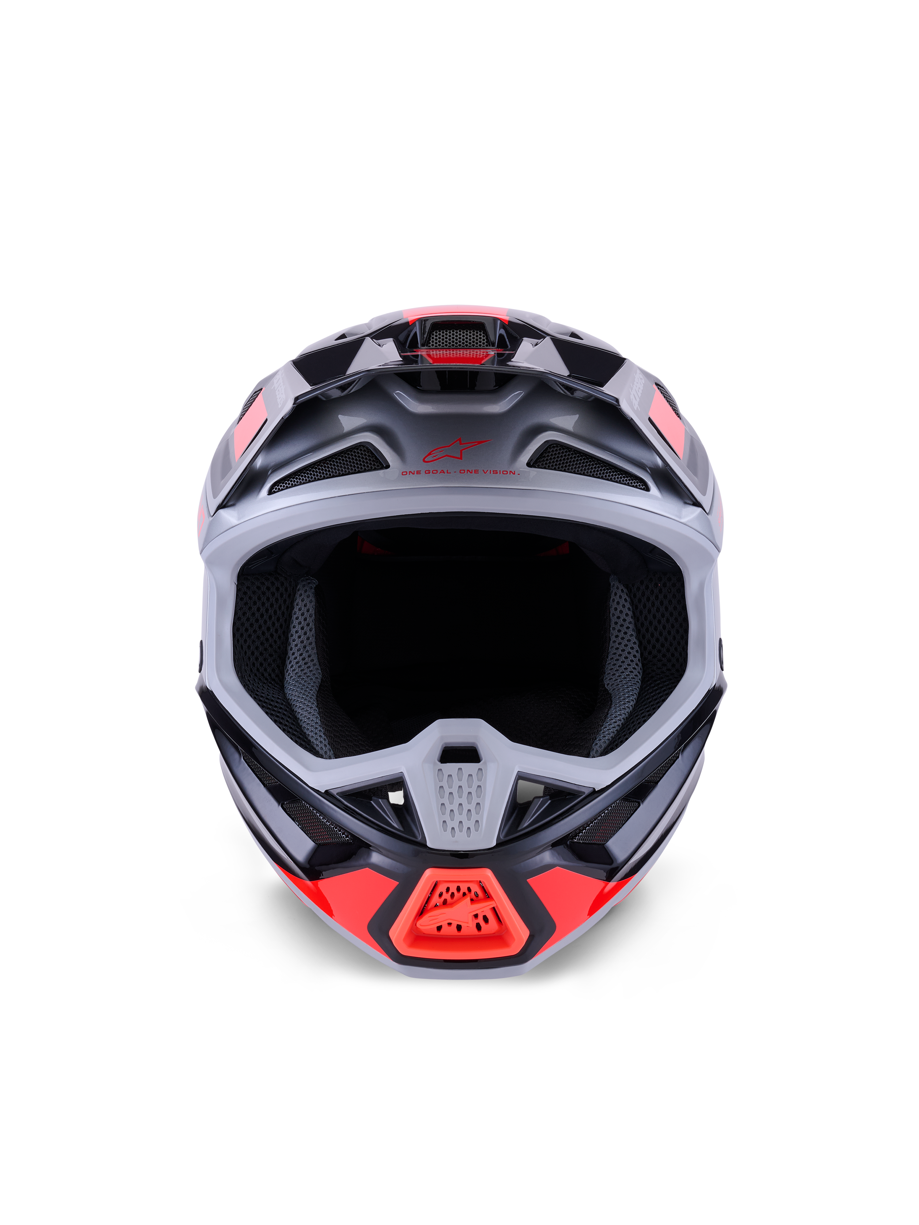 Alpinestars S-M7 Rise Helmet, capacete de motocross, preto, prateado e vermelho fluorescente brilhante, vista frontal exibindo a calota aerodinâmica em compósito, múltiplas entradas de ar e abertura ocular ampla, concebido para proteção em corridas de todo-o-terreno