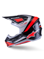 Capacete Alpinestars S-M7 Rise, capacete de motocross, preto, prateado e vermelho fluo brilhante, vista de perfil lateral com calota composta aerodinâmica, proteção de queixo ventilada e pala proeminente com a marca Alpinestars