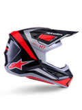 Alpinestars S-M7 Rise Helmet, capacete de motocross, preto, prateado e vermelho fluorescente, vista lateral com design aerodinâmico angular, pala e aberturas de ventilação, acabamento brilhante, série Supertech M7