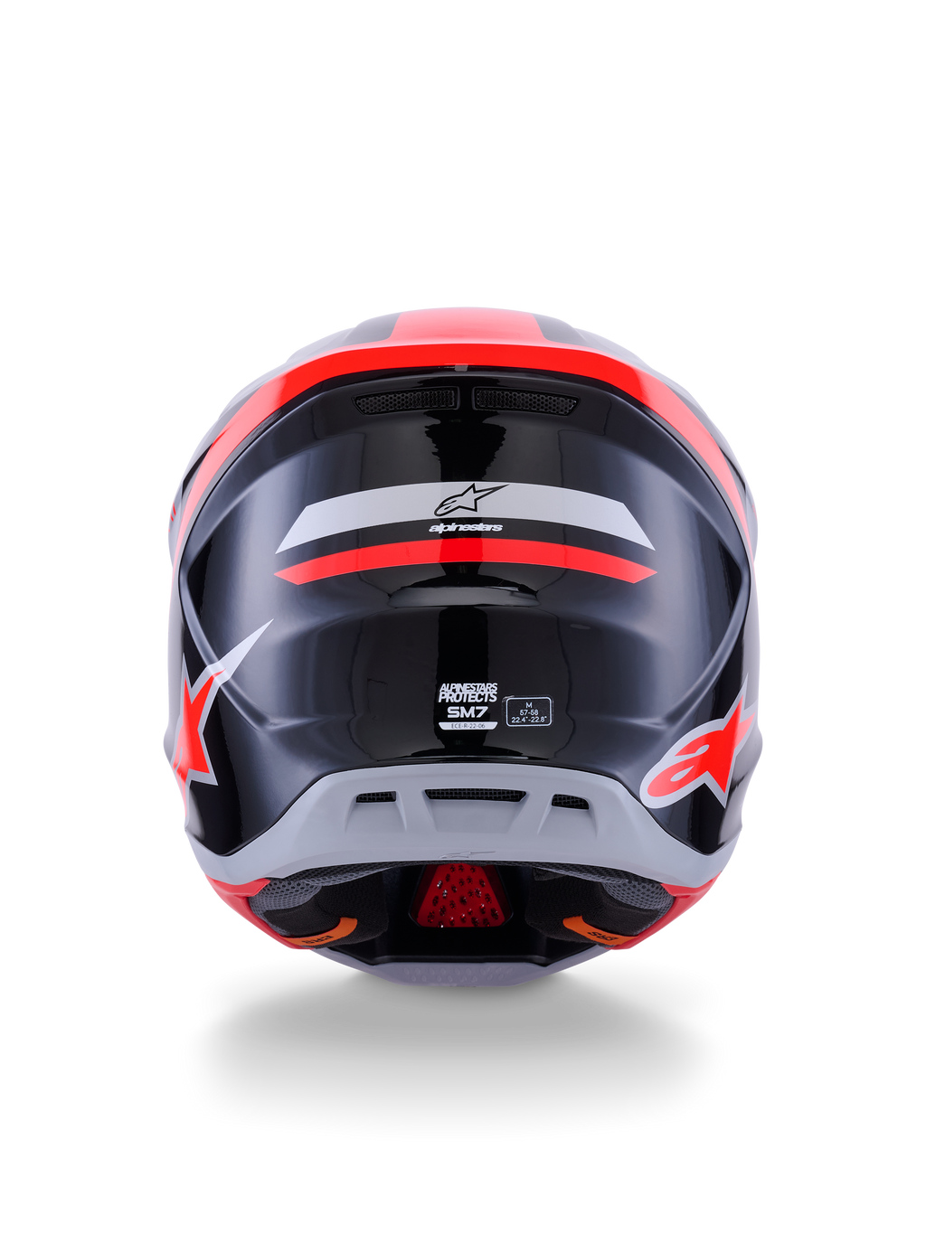 Alpinestars S-M7 Rise Helmet ECE 22.06, capacete de motocross, vista traseira, preto, prateado e vermelho fluo brilhante, com o logótipo Alpinestars e a marca S-M7, acabamento brilhante com calota aerodinâmica e detalhes de ventilação