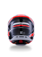 Alpinestars S-M7 Rise Helmet ECE 22.06, capacete de motocross, vista traseira, preto, prateado e vermelho fluo brilhante, com o logótipo Alpinestars e a marca S-M7, acabamento brilhante com calota aerodinâmica e detalhes de ventilação