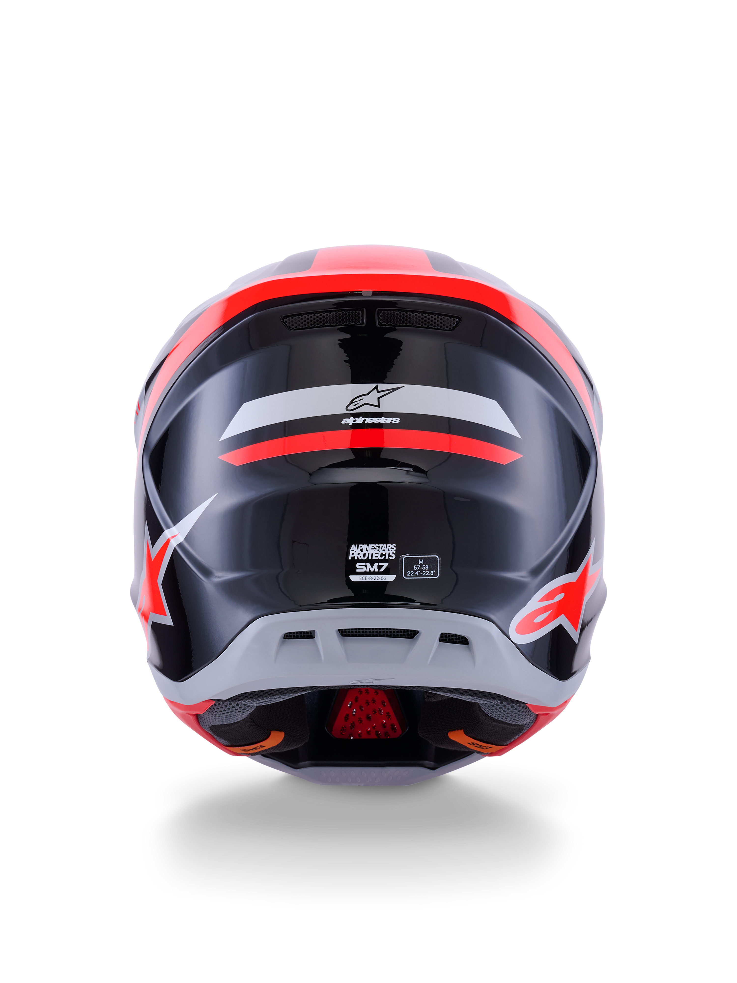 Alpinestars S-M7 Rise Helmet ECE 22.06, capacete de motocross, vista traseira, preto, prateado e vermelho fluo brilhante, com o logótipo Alpinestars e a marca S-M7, acabamento brilhante com calota aerodinâmica e detalhes de ventilação