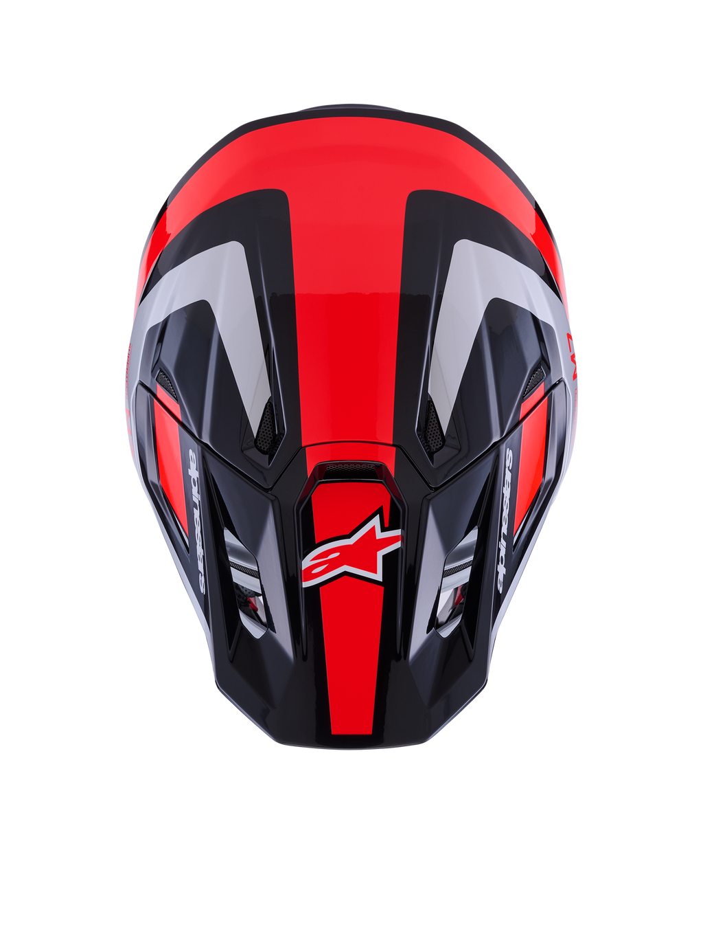 Alpinestars S-M7 Rise Helmet ECE 22.06, capacete de motocross, preto, prateado e vermelho fluo brilhante, vista superior mostrando a calote aerodinâmica com aberturas de ventilação, apresentando riscas vermelhas fluorescentes e o logótipo Alpinestars, equipamento profissional para corridas de todo-o-terreno