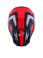 Alpinestars S-M7 Rise Helmet ECE 22.06, capacete de motocross, preto, prateado e vermelho fluo brilhante, vista superior mostrando a calote aerodinâmica com aberturas de ventilação, apresentando riscas vermelhas fluorescentes e o logótipo Alpinestars, equipamento profissional para corridas de todo-o-terreno