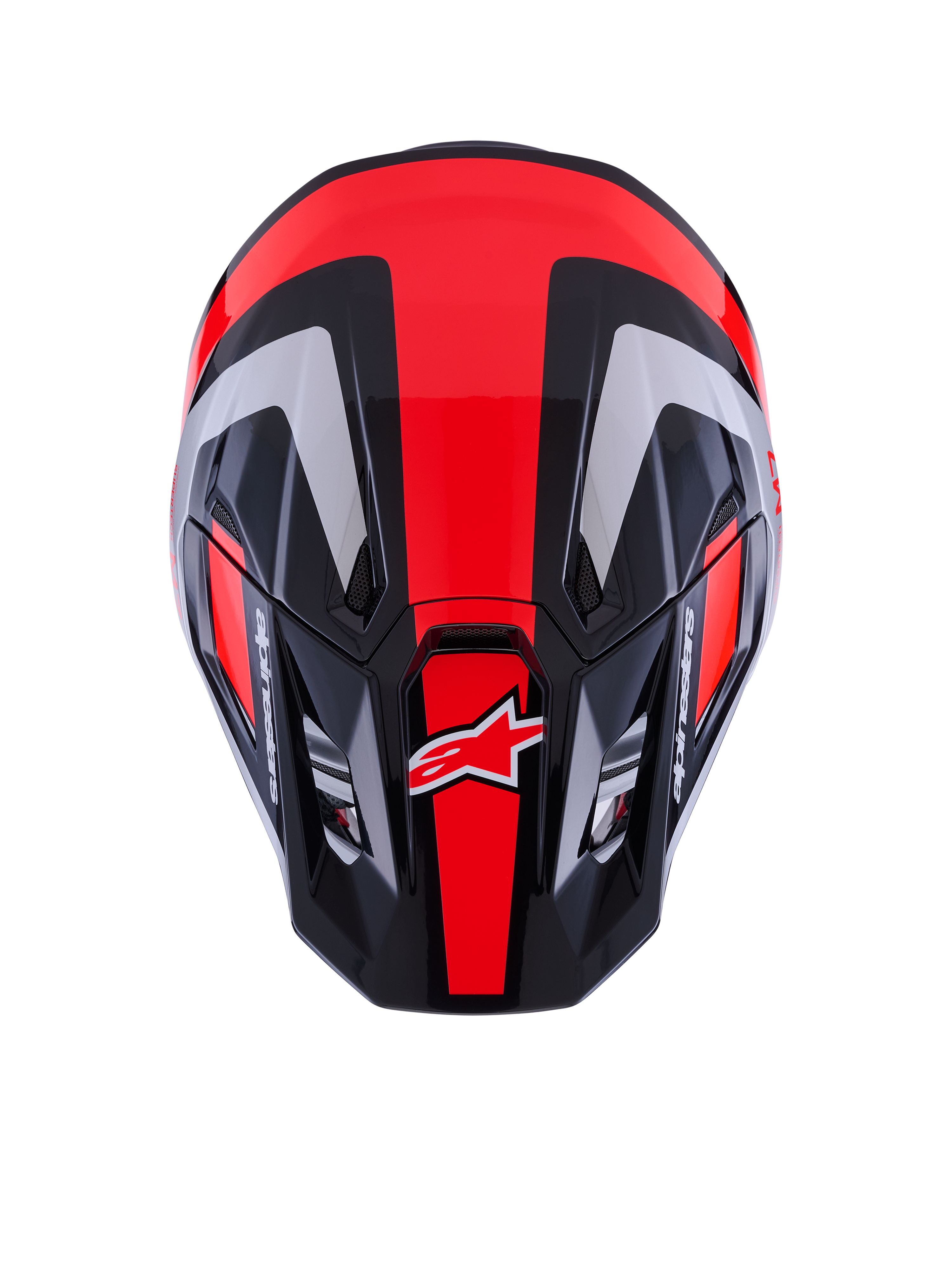Alpinestars S-M7 Rise Helmet ECE 22.06, capacete de motocross, preto, prateado e vermelho fluo brilhante, vista superior mostrando a calote aerodinâmica com aberturas de ventilação, apresentando riscas vermelhas fluorescentes e o logótipo Alpinestars, equipamento profissional para corridas de todo-o-terreno