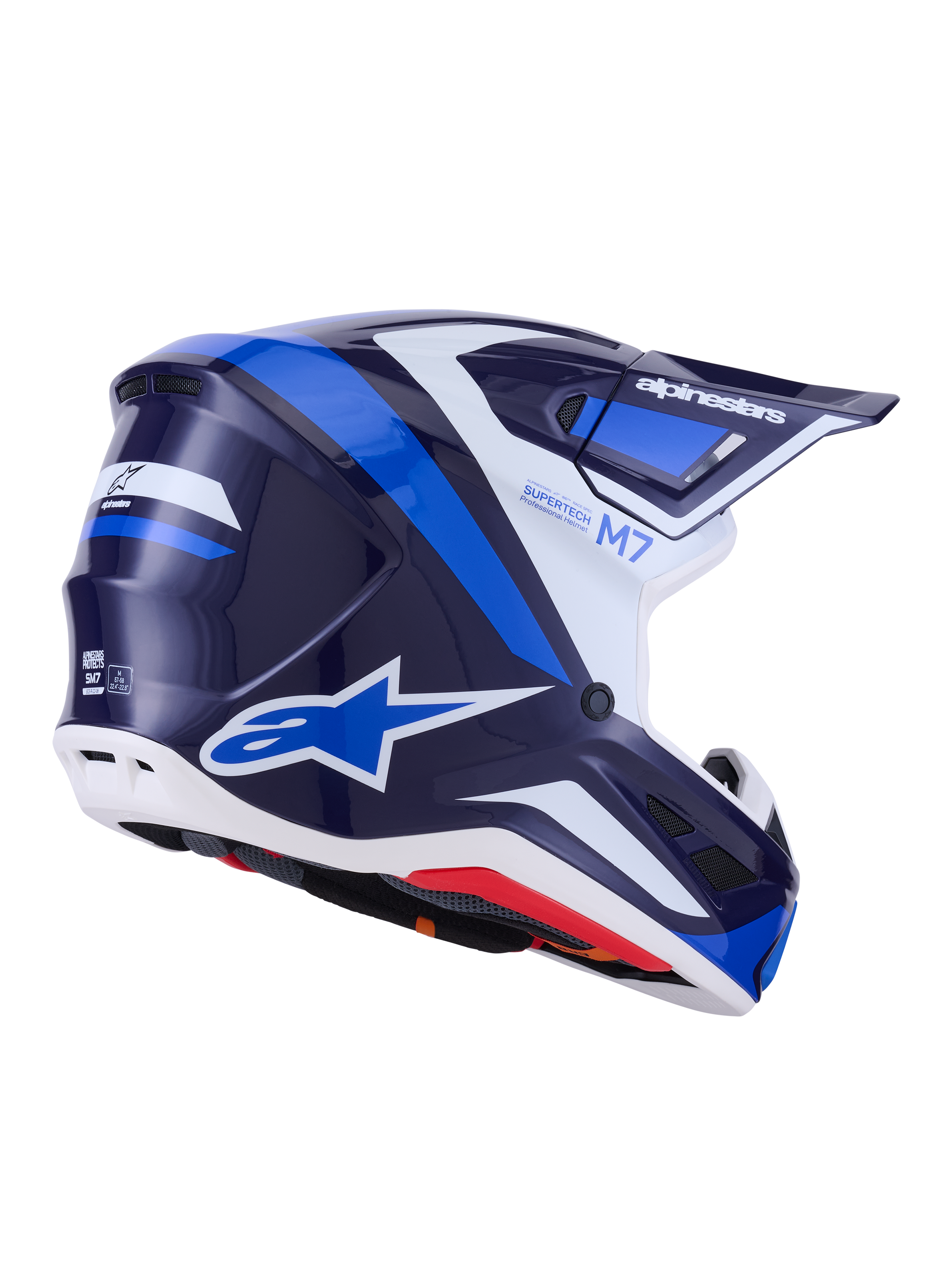 Alpinestars S-M7 Rise Helmet, Motocross Helmet, Blue White Glossy, navy and bright blue graphics with white accents, Alpinestars logos on the side and back, aerodynamic shell design with ventilation ports, professional off-road racing gear