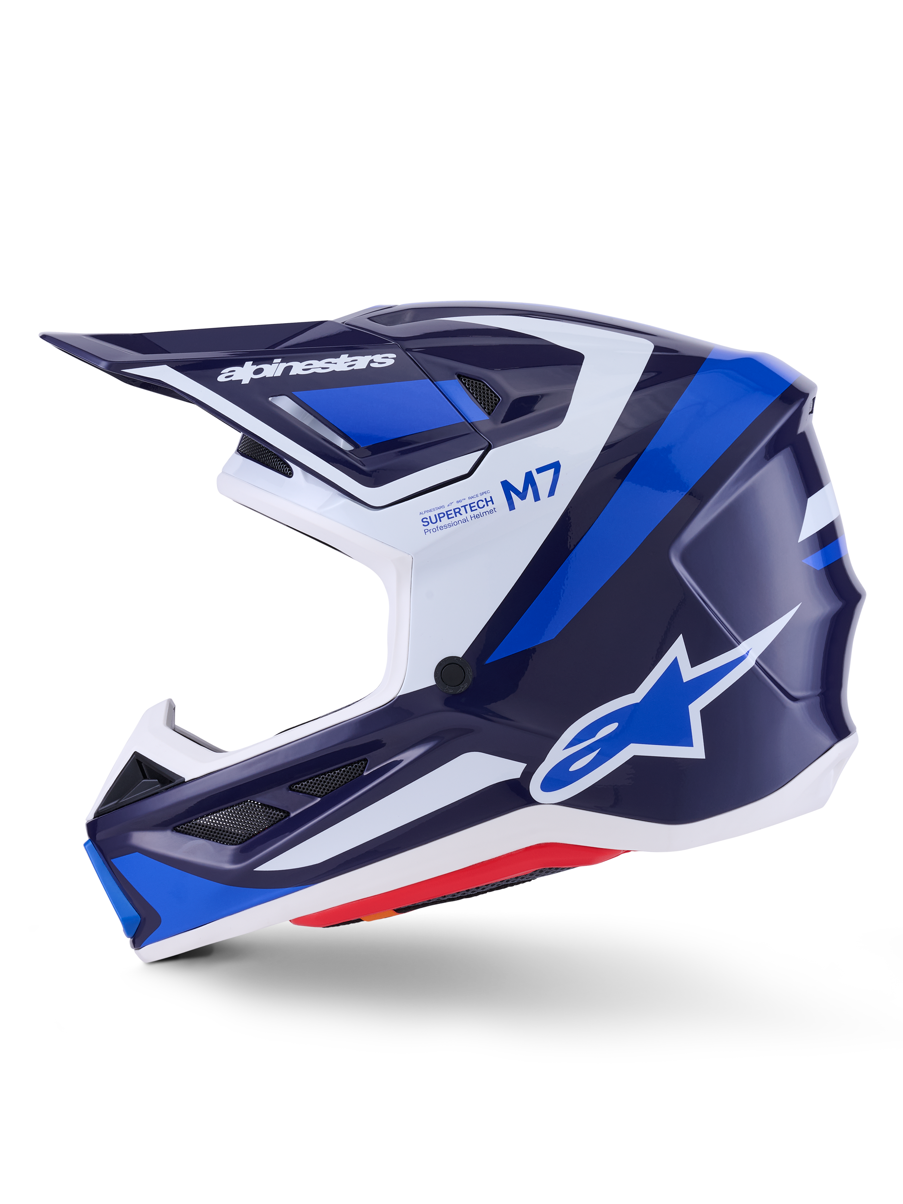 Alpinestars S-M7 Rise Helmet, Motocross Helmet, Blue White and Navy Glossy, side profile view featuring Alpinestars branding on the visor and side, M7 and Supertech text, aerodynamic shell with ventilation ports, glossy finish for off-road performance.